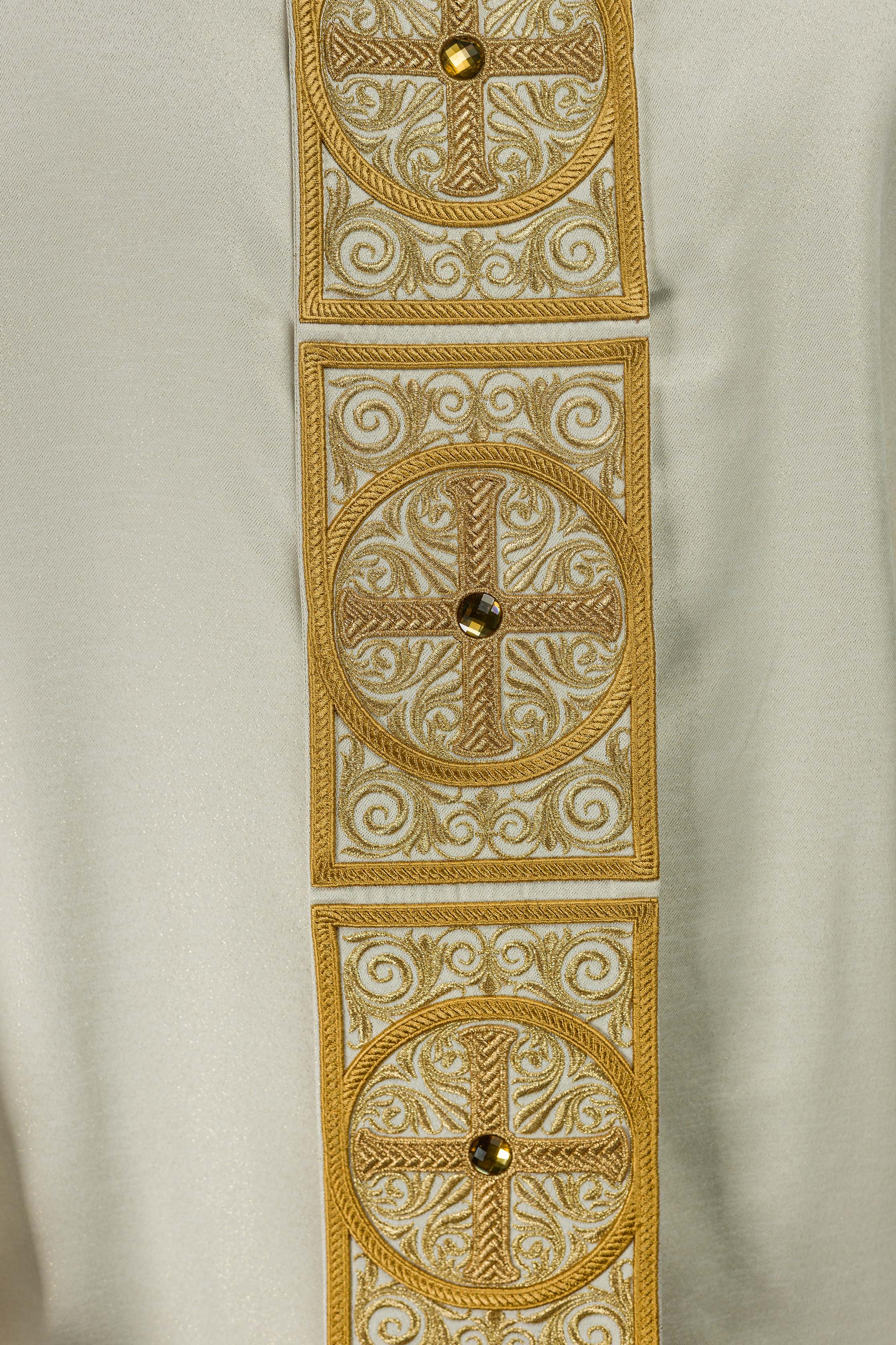 Gold Chasuble richly embroidered and decorated with ecru stones