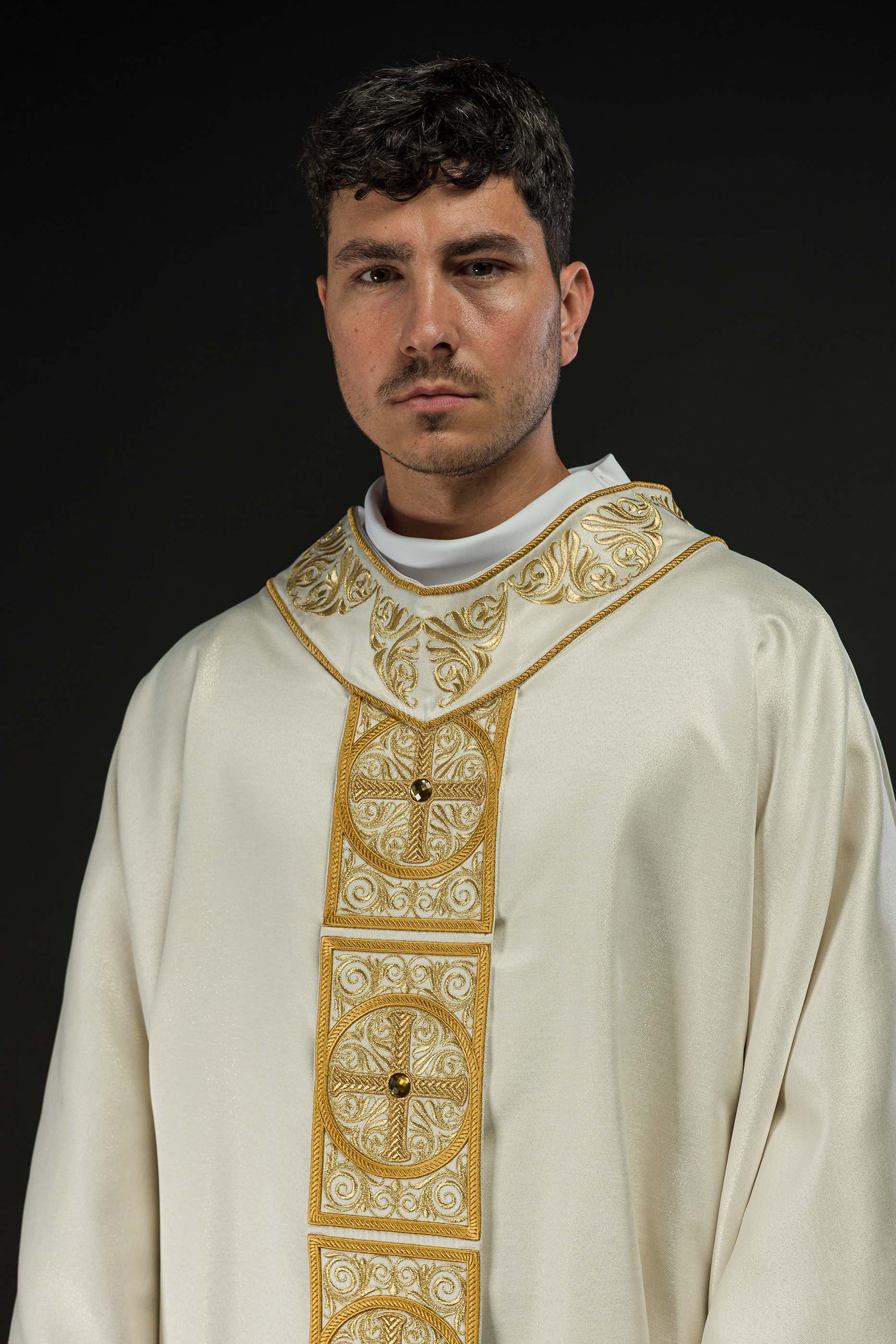 Gold Chasuble richly embroidered and decorated with ecru stones