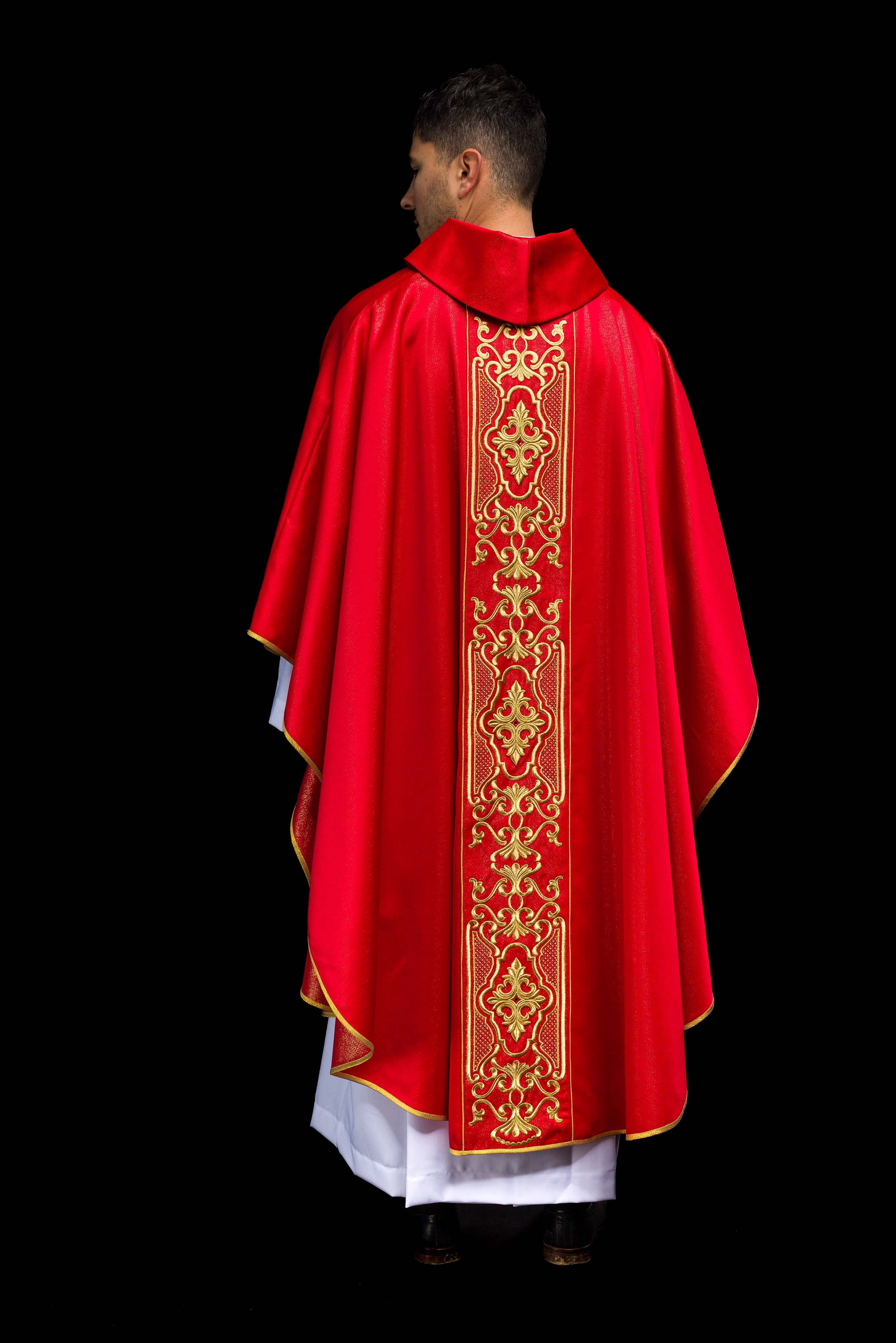 Red chasuble on shiny fabric