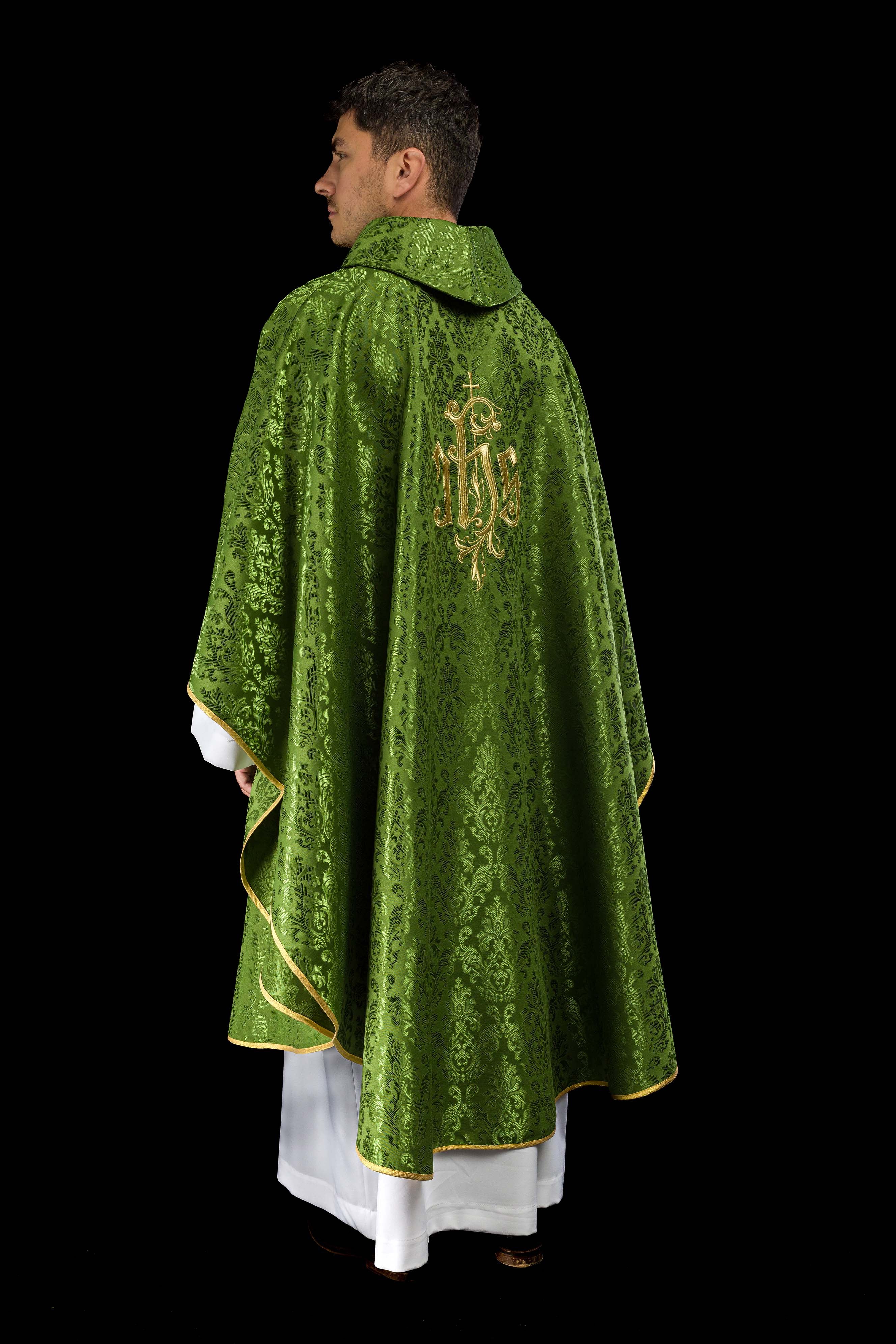 Chasuble made of green floral ornamental texture with classic IHS
