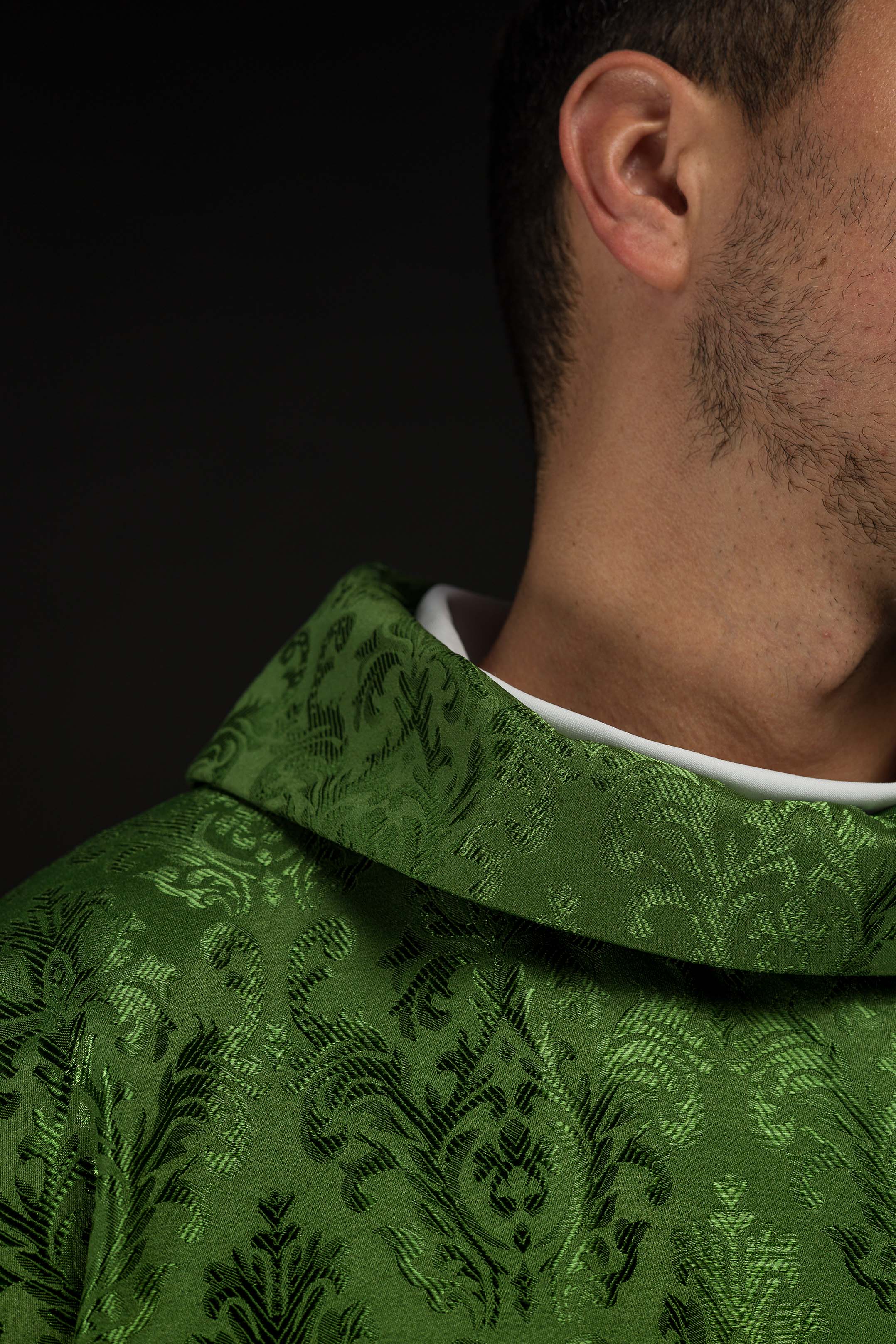 Chasuble made of green floral ornamental texture with classic IHS