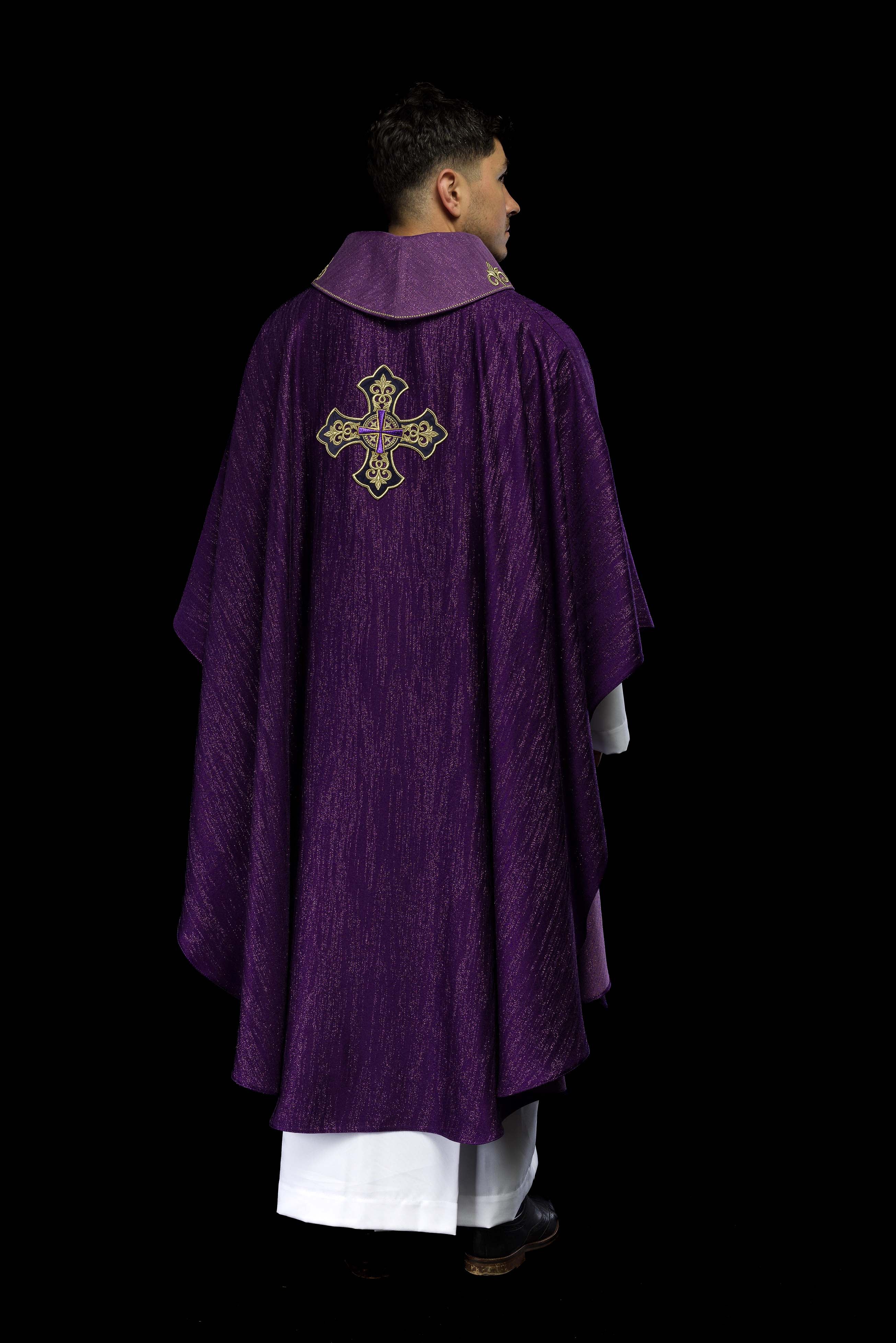Purple Liturgical Chasuble with Embroidered Cross on Decorative Fabric
