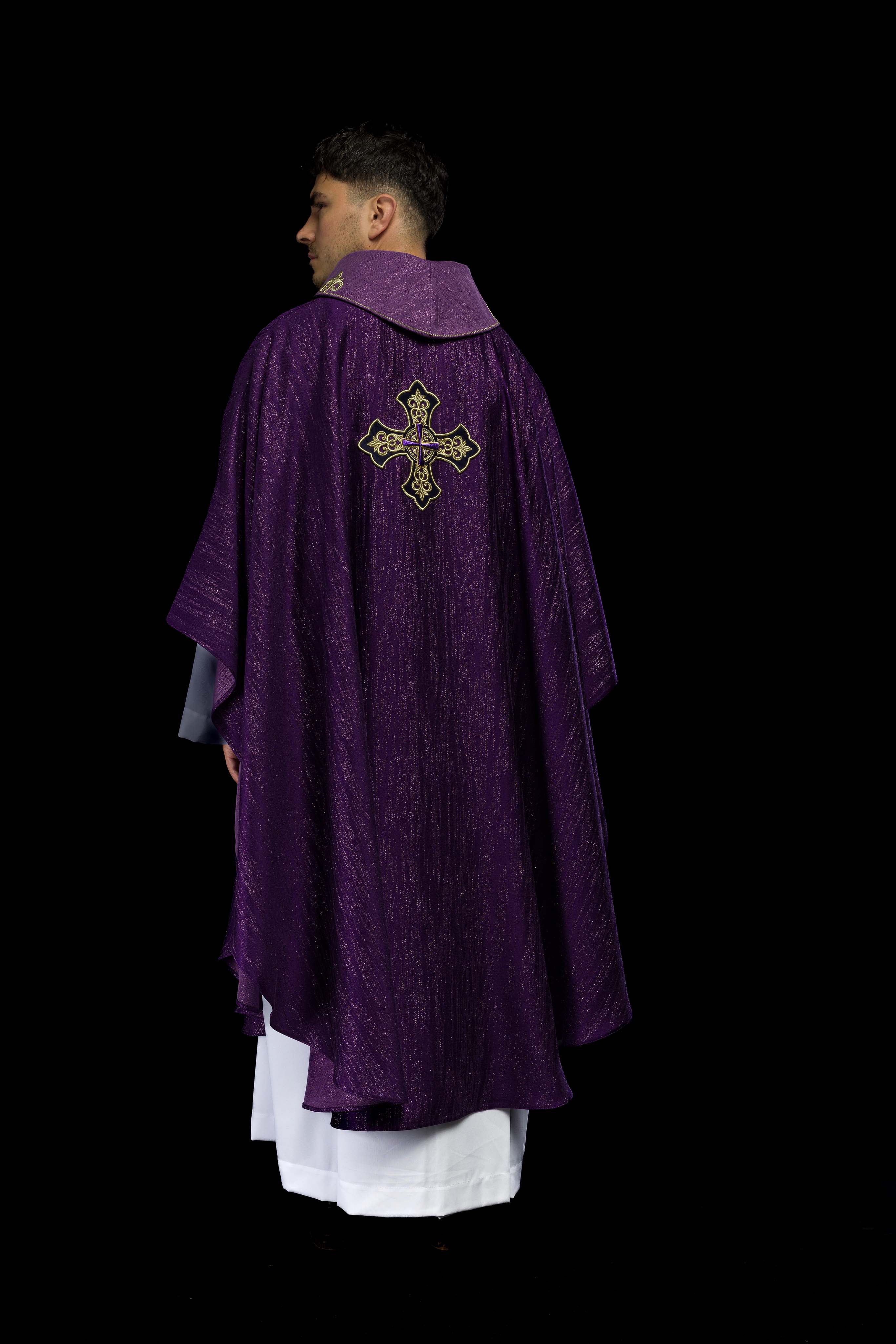 Purple Liturgical Chasuble with Embroidered Cross on Decorative Fabric