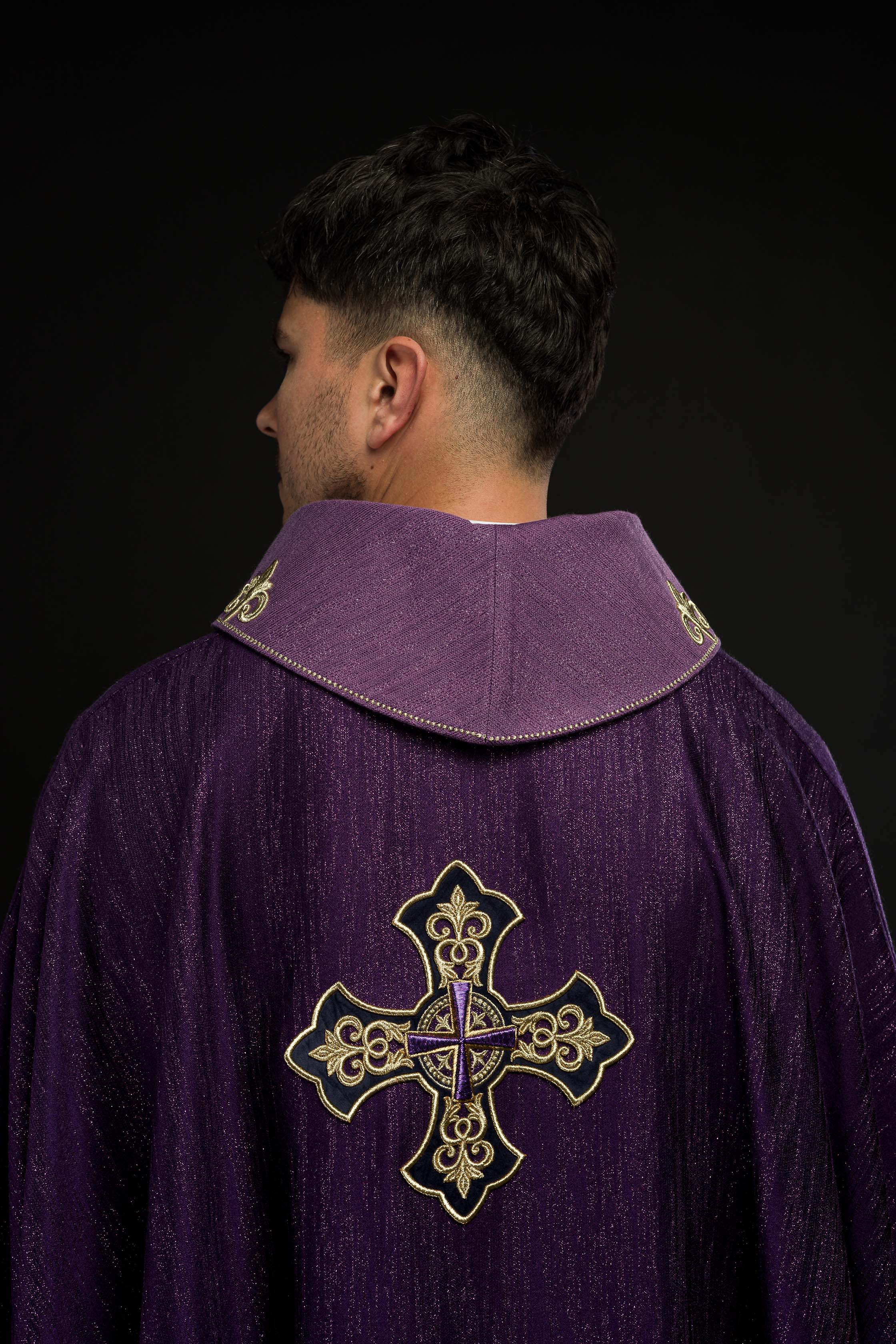 Purple Liturgical Chasuble with Embroidered Cross on Decorative Fabric