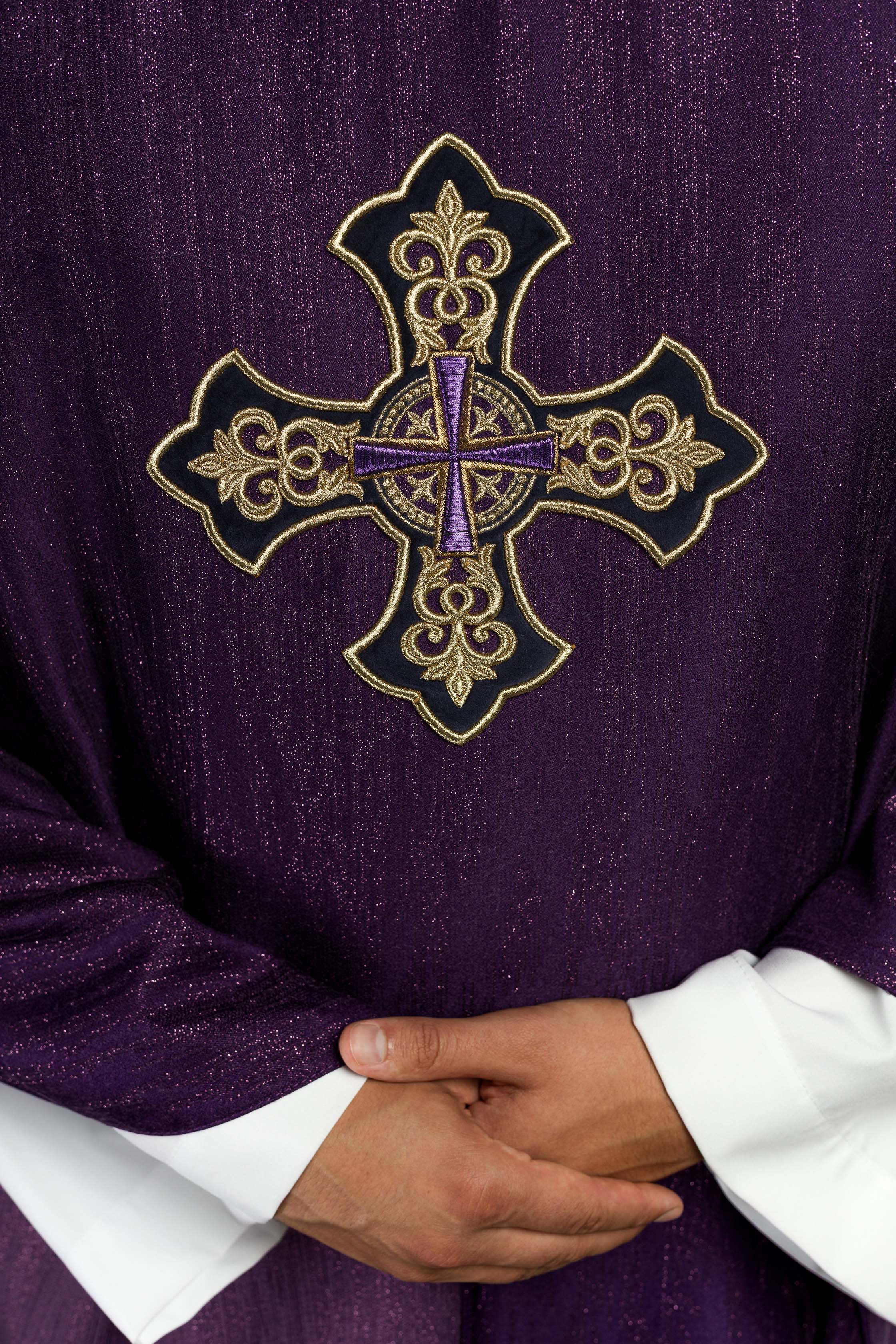 Purple Liturgical Chasuble with Embroidered Cross on Decorative Fabric