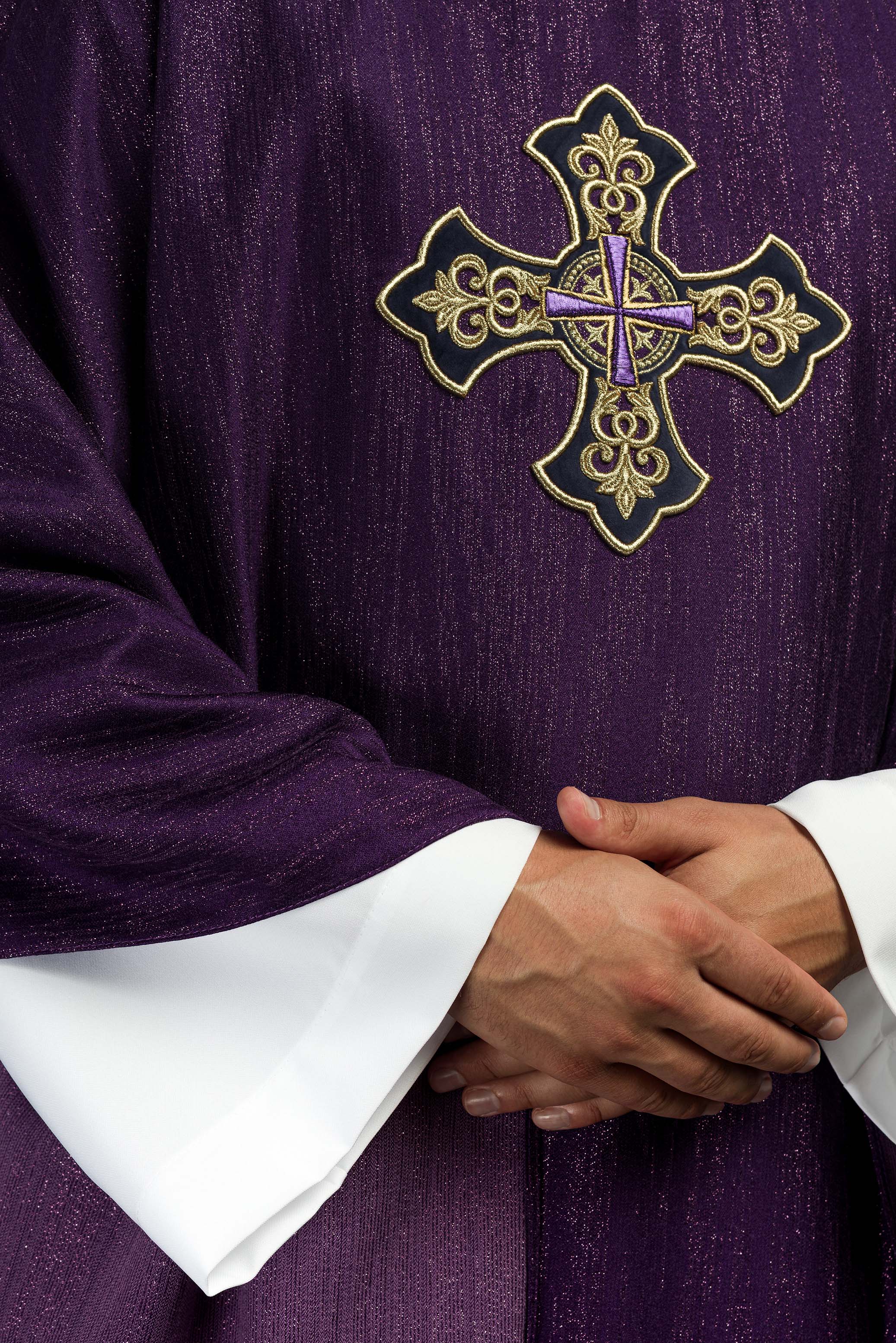 Purple Liturgical Chasuble with Embroidered Cross on Decorative Fabric