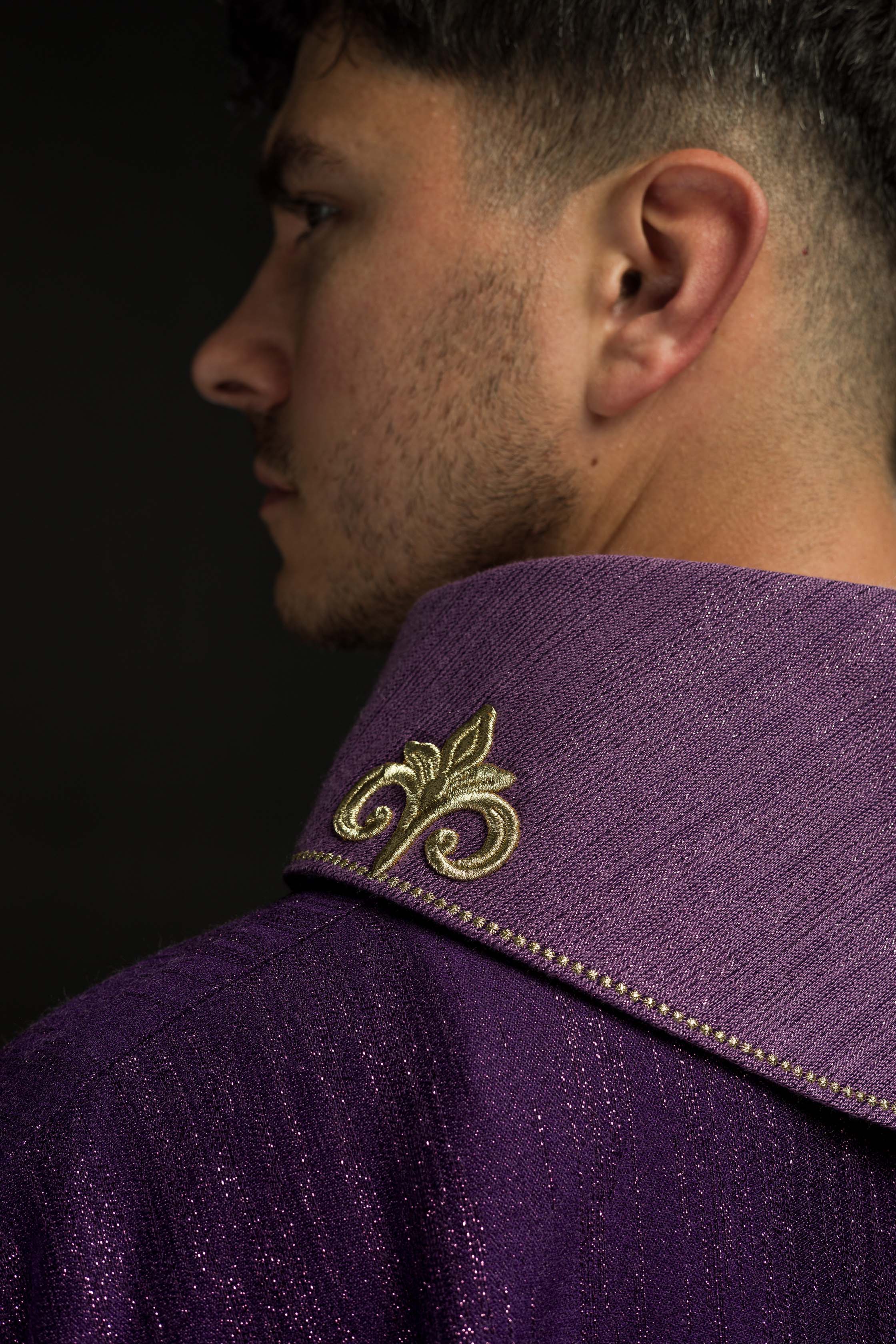 Purple Liturgical Chasuble with Embroidered Cross on Decorative Fabric