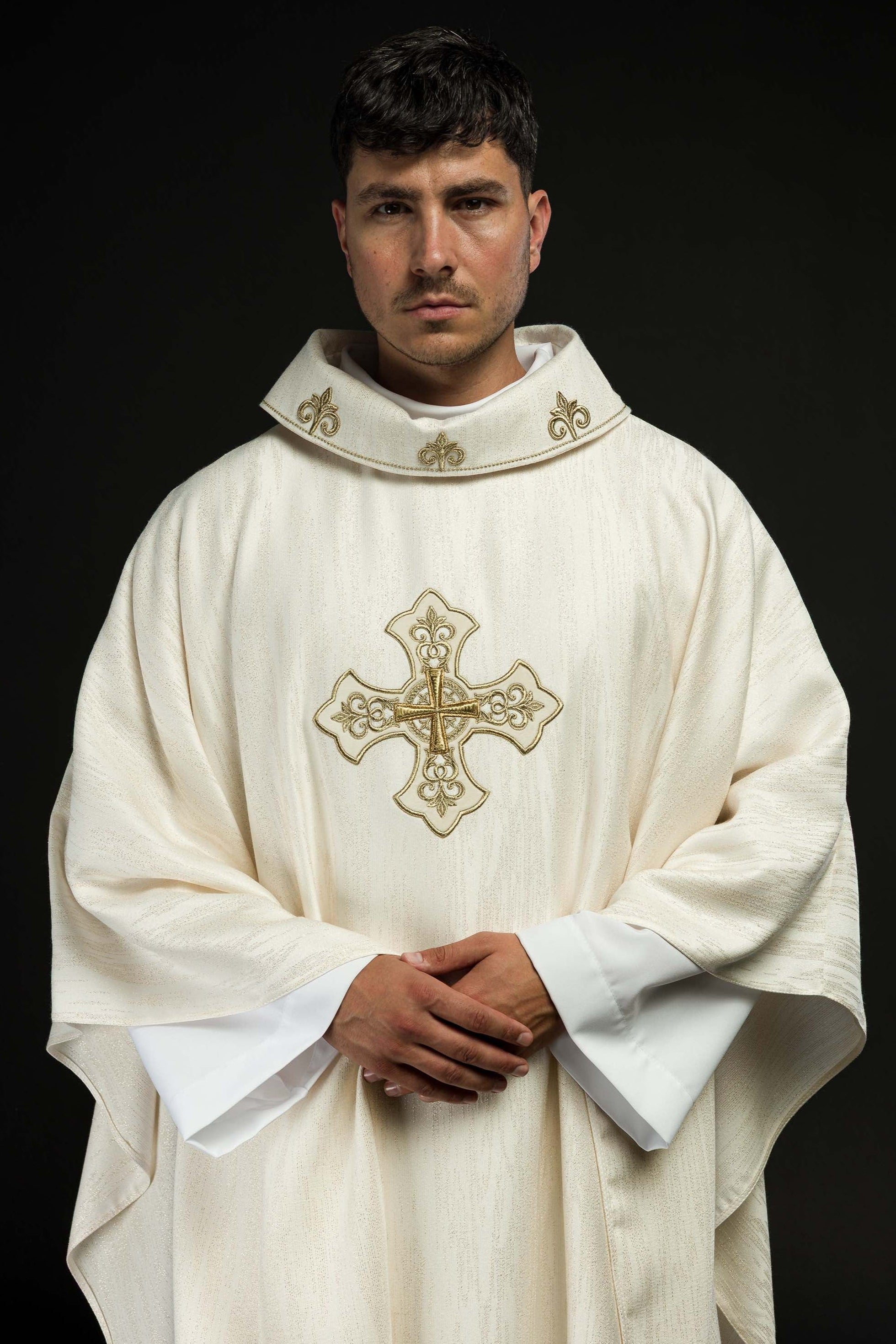 Ecru Liturgical Chasuble with Embroidered Cross – Ornamental Fabric - CHASUBLES.COM