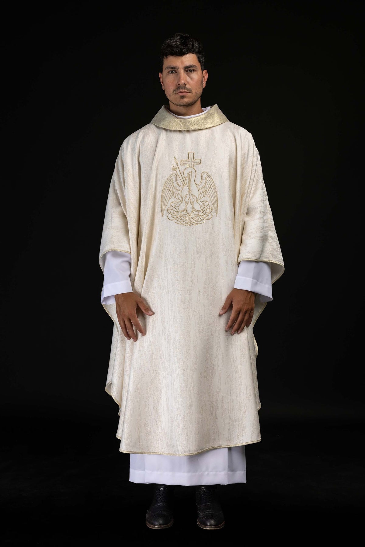Ecru Chasuble with Gold Eucharistic Pelican Embroidery