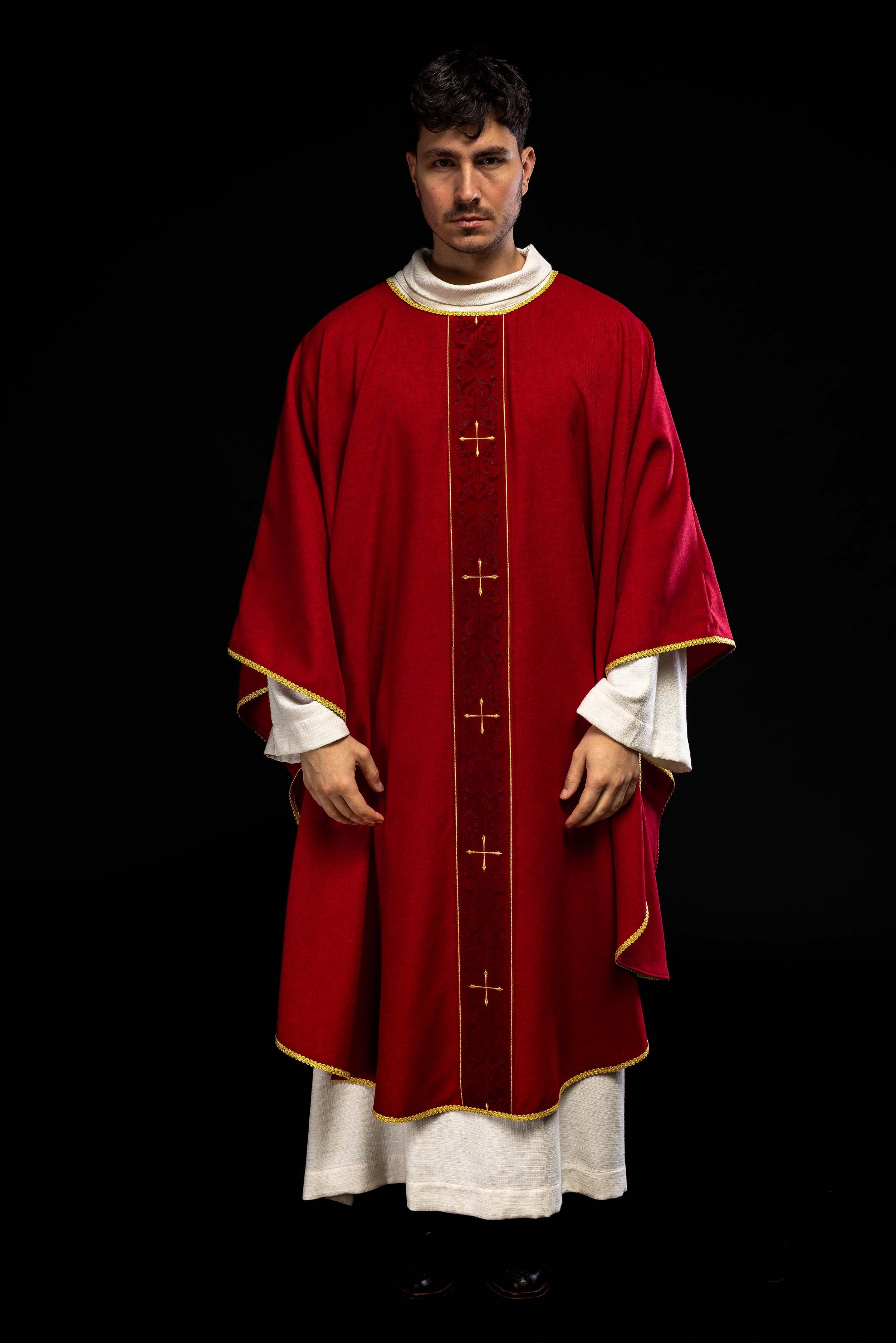 Red chasuble with an embroidered band of crosses - CHASUBLES.COM