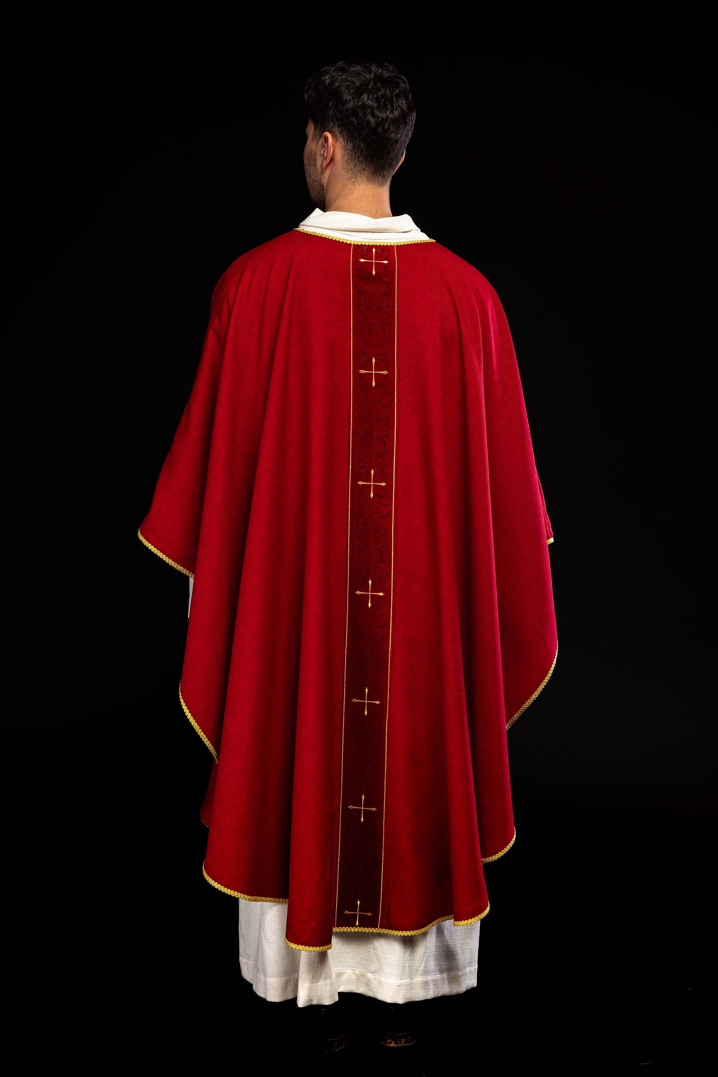 Red chasuble with an embroidered band of crosses - CHASUBLES.COM