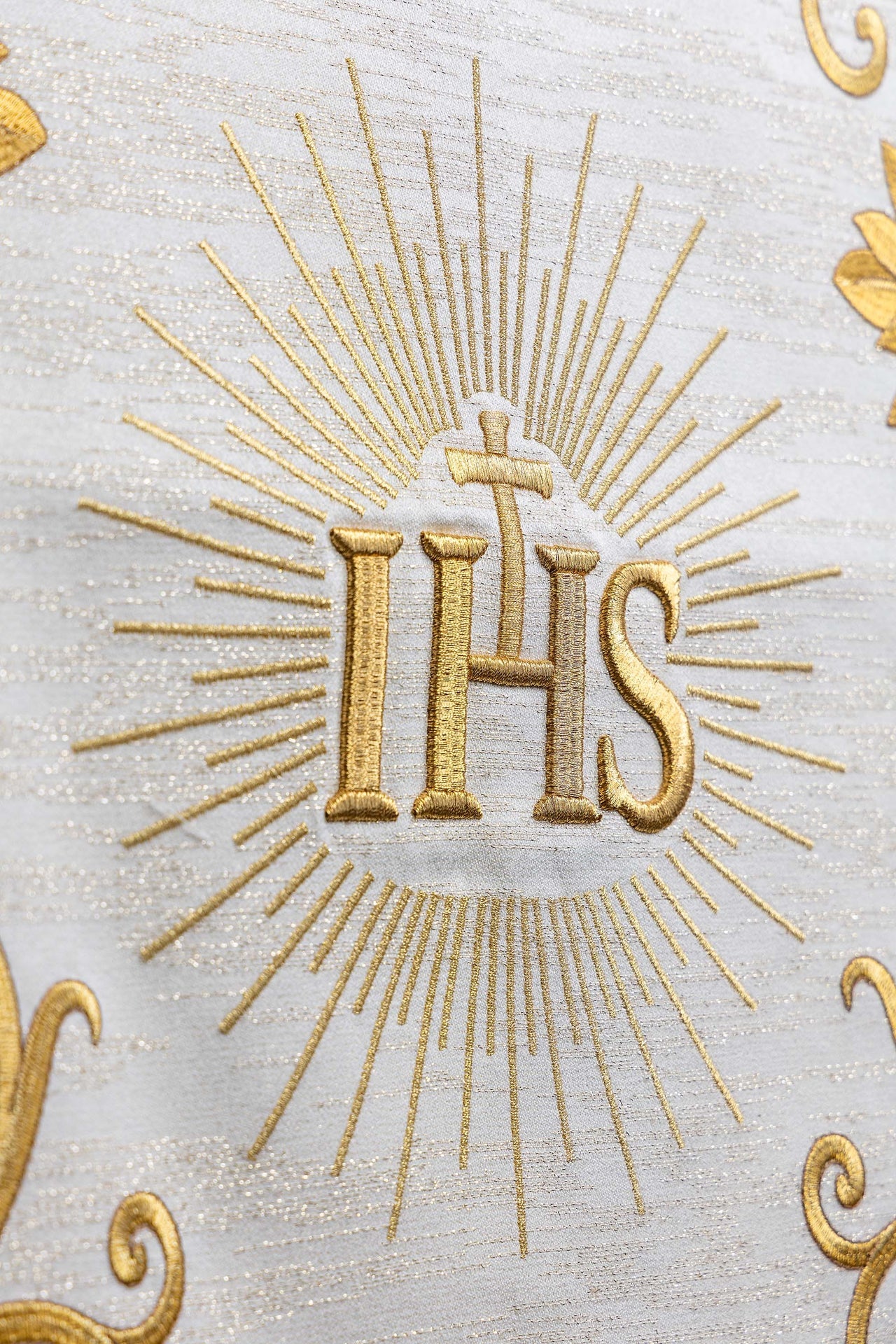 Richly Embroidered Ecru Lectern Cloth with IHS Christogram