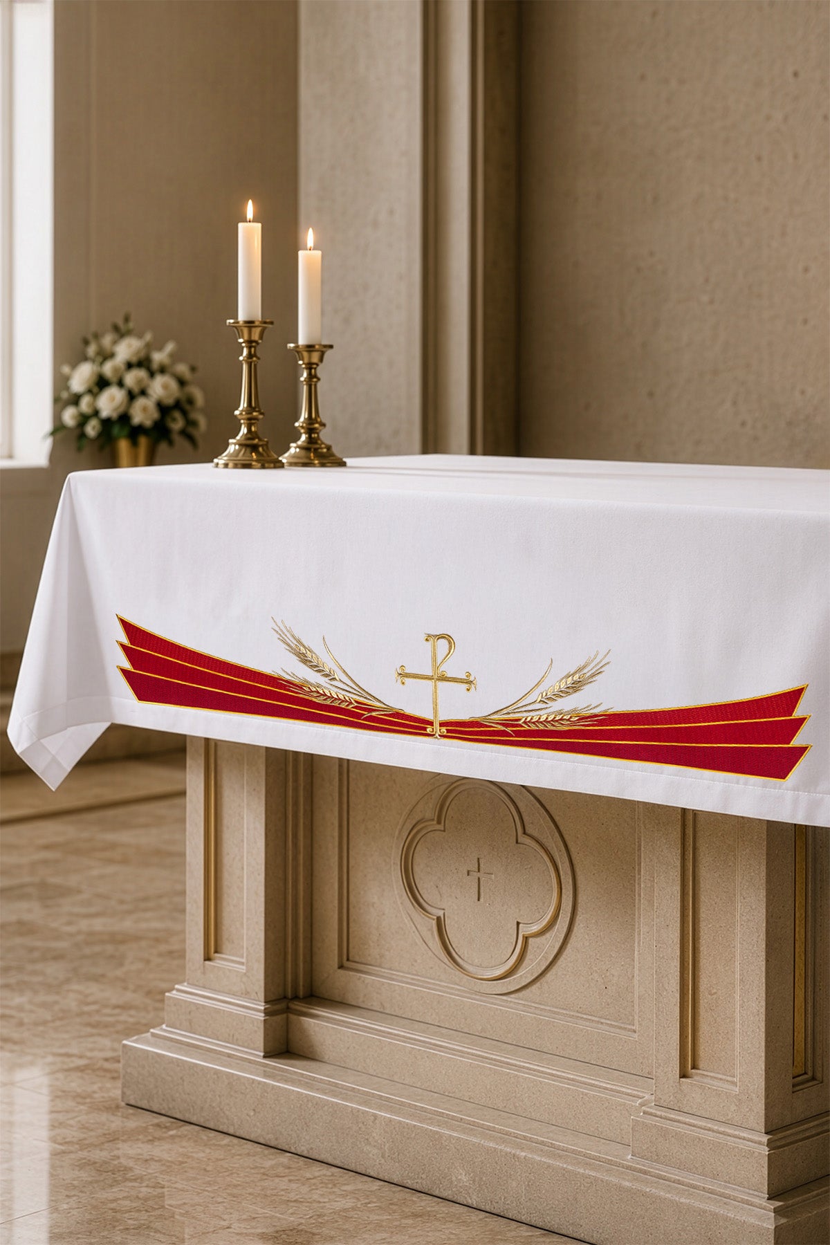 Altar cloth with an embroidered Pax symbol