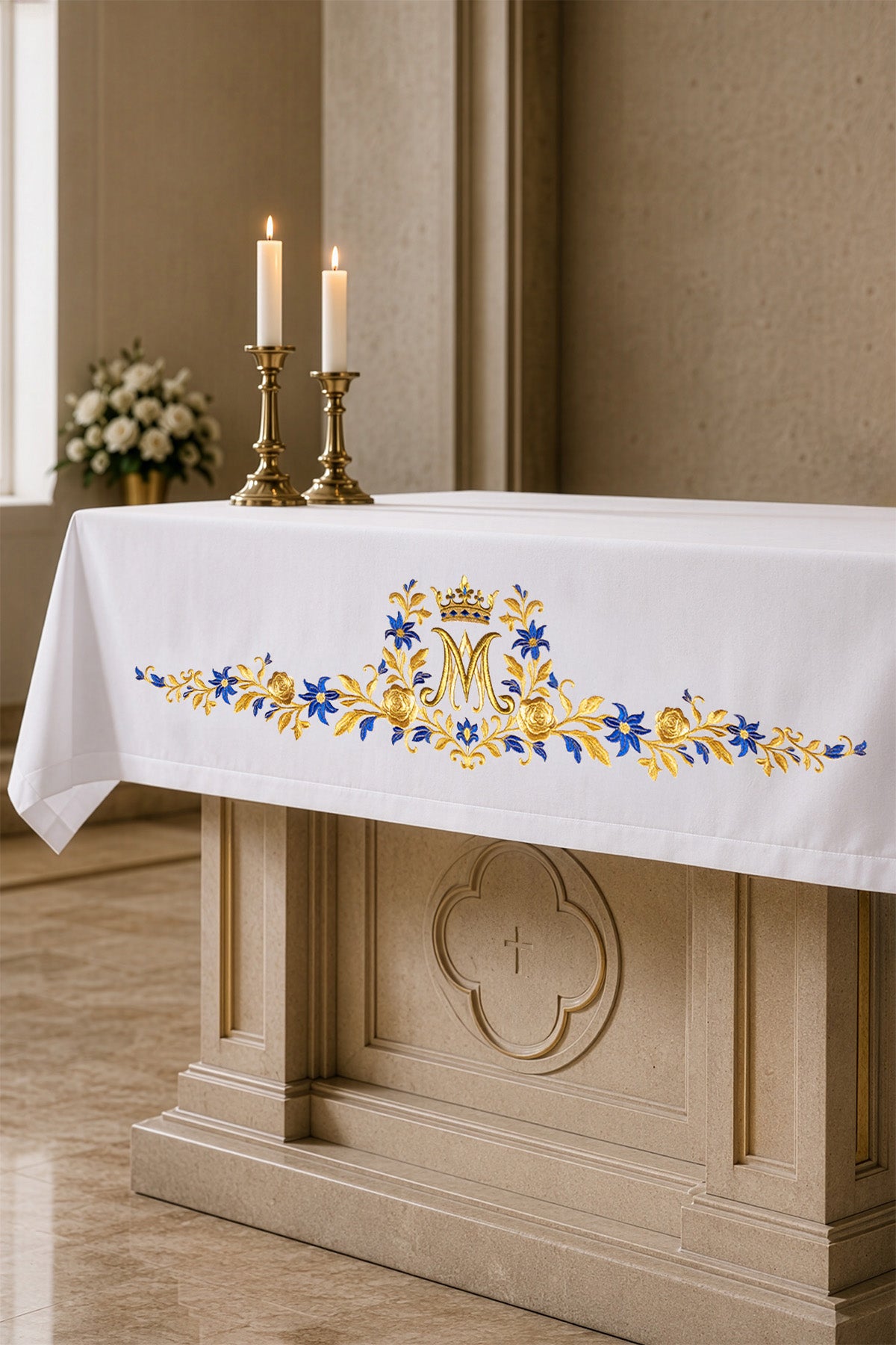 Altar cloth with an embroidered Marian symbol