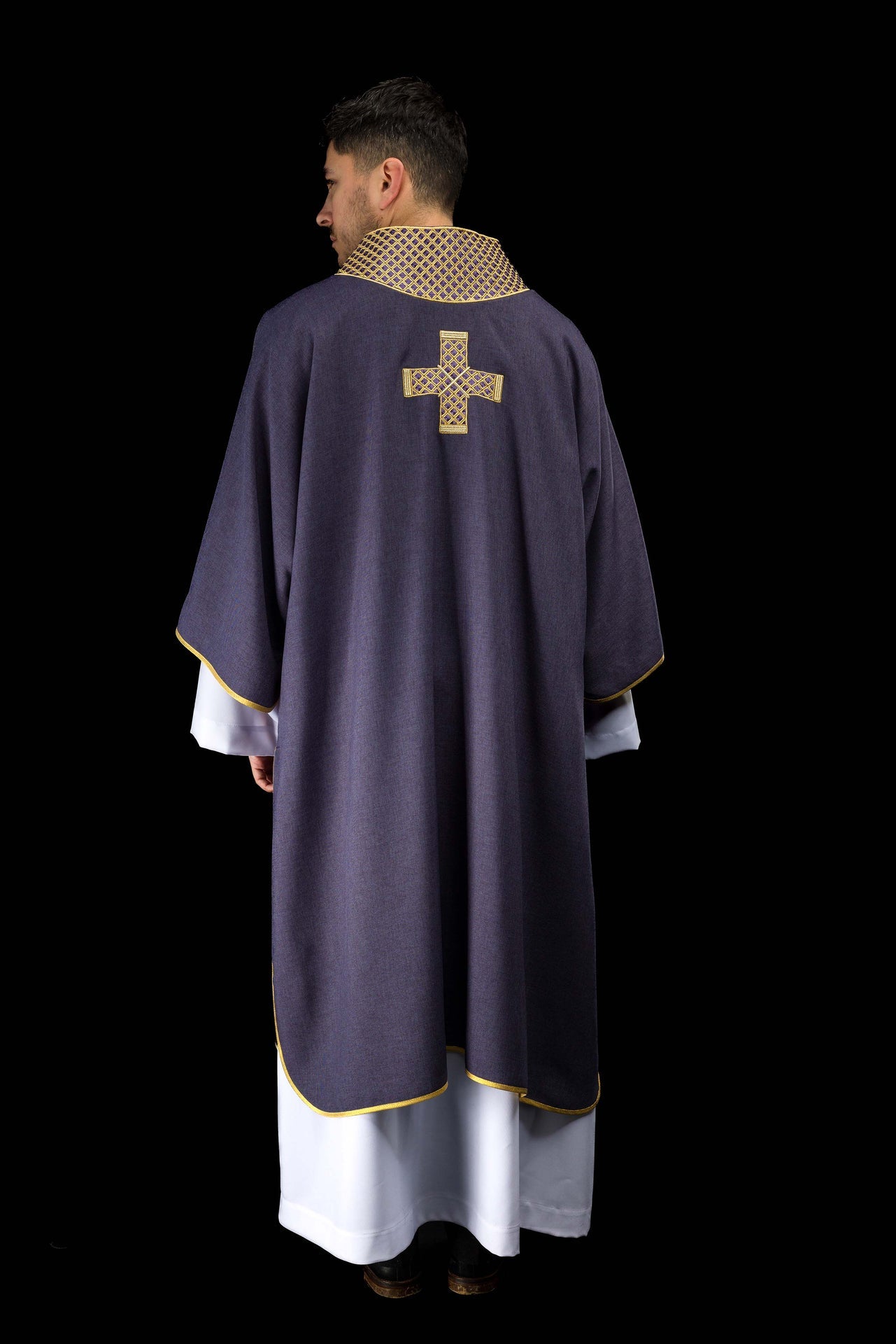 Purple dalmatic with embroidered crosses and collar - CHASUBLES.COM