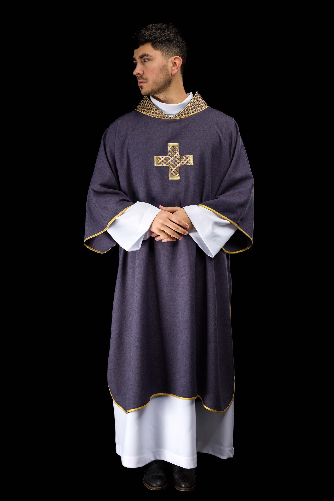 Purple dalmatic with embroidered crosses and collar - CHASUBLES.COM