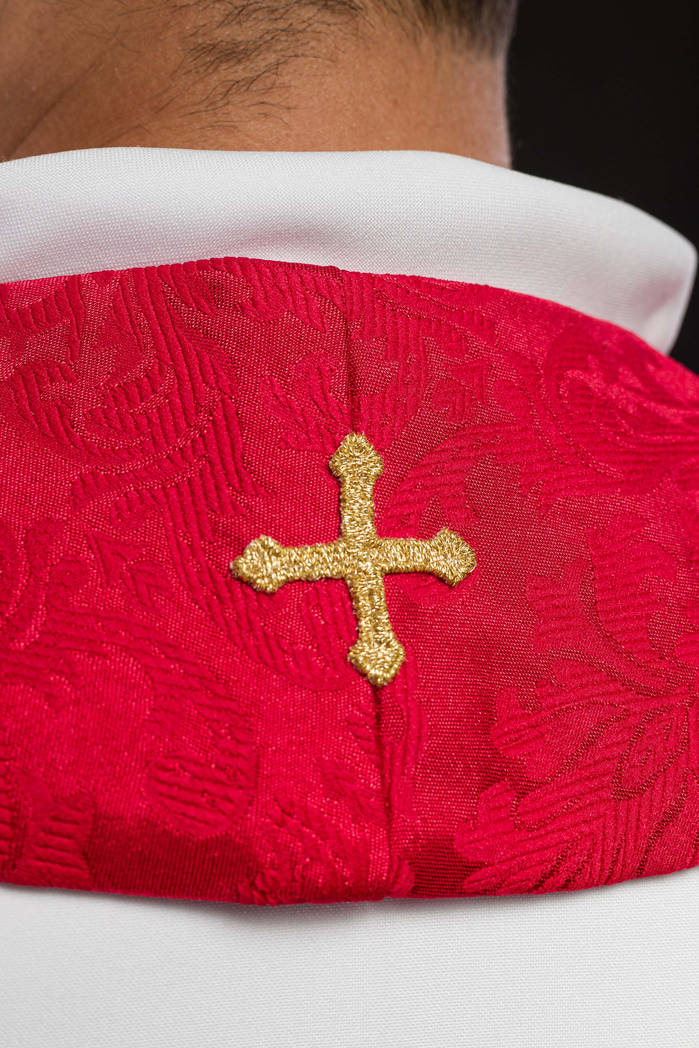 Red Embroidered Jacquard Stole with Cross Motifs - CHASUBLES.COM