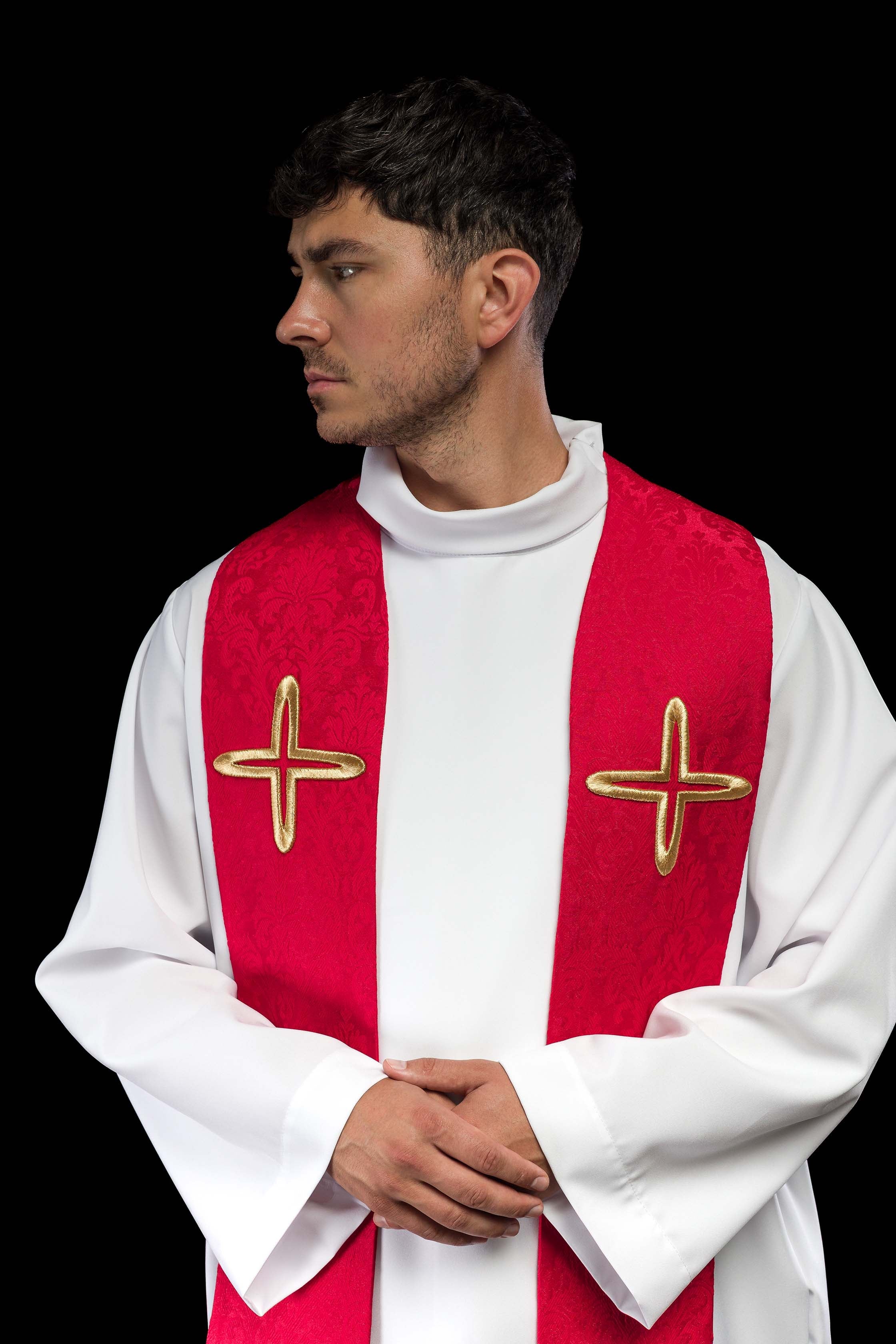 Red Embroidered Jacquard Stole with Cross Motifs - CHASUBLES.COM