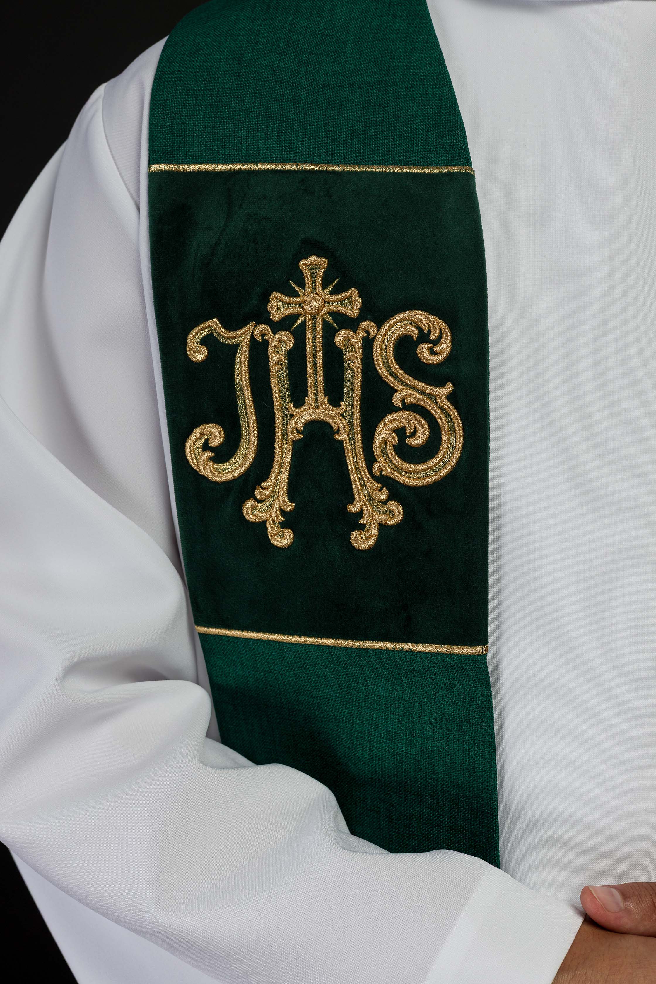 Green Embroidered Velvet Stole with IHS Motif
