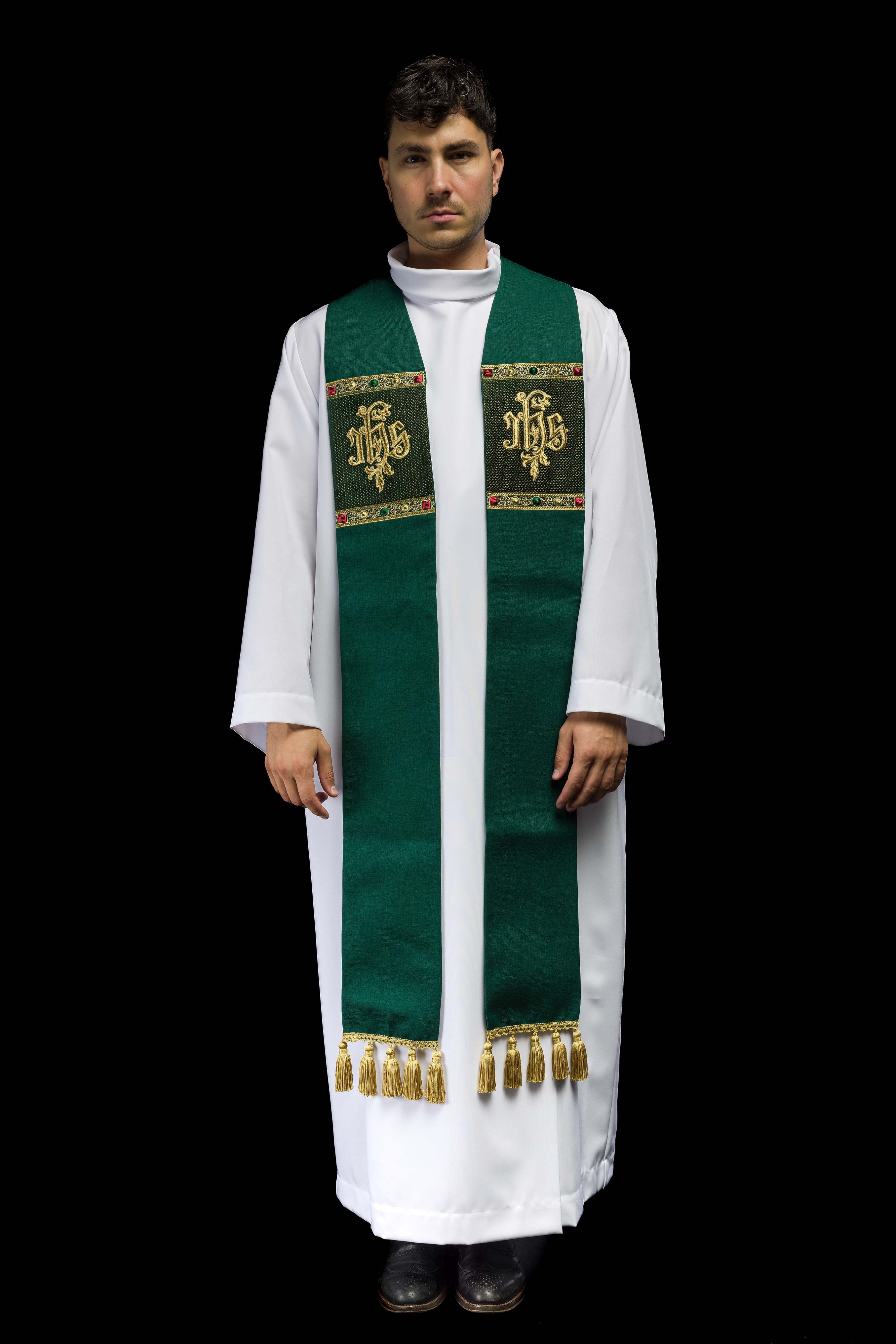 Green embroidered stole with IHS motif