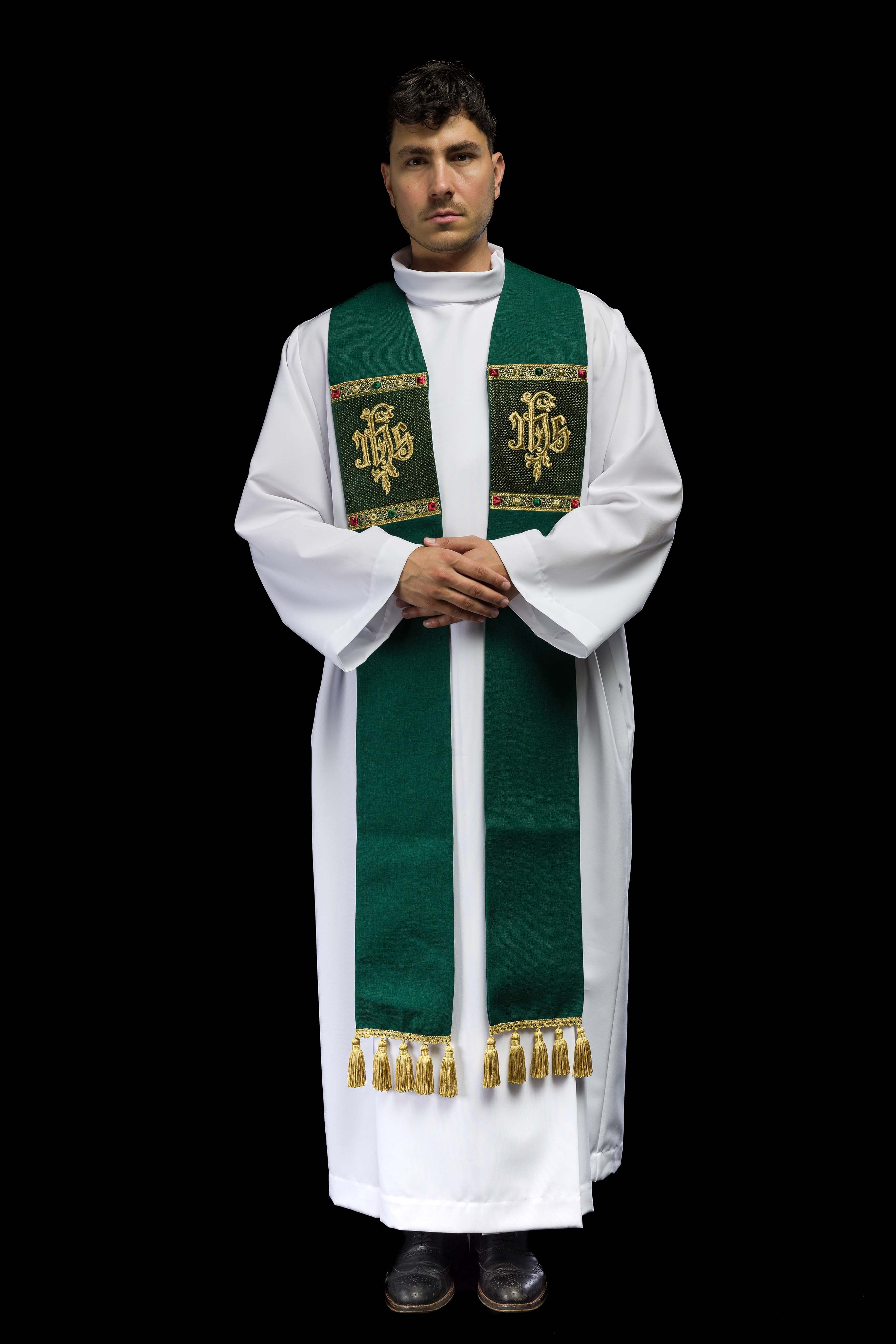 Green embroidered stole with IHS motif