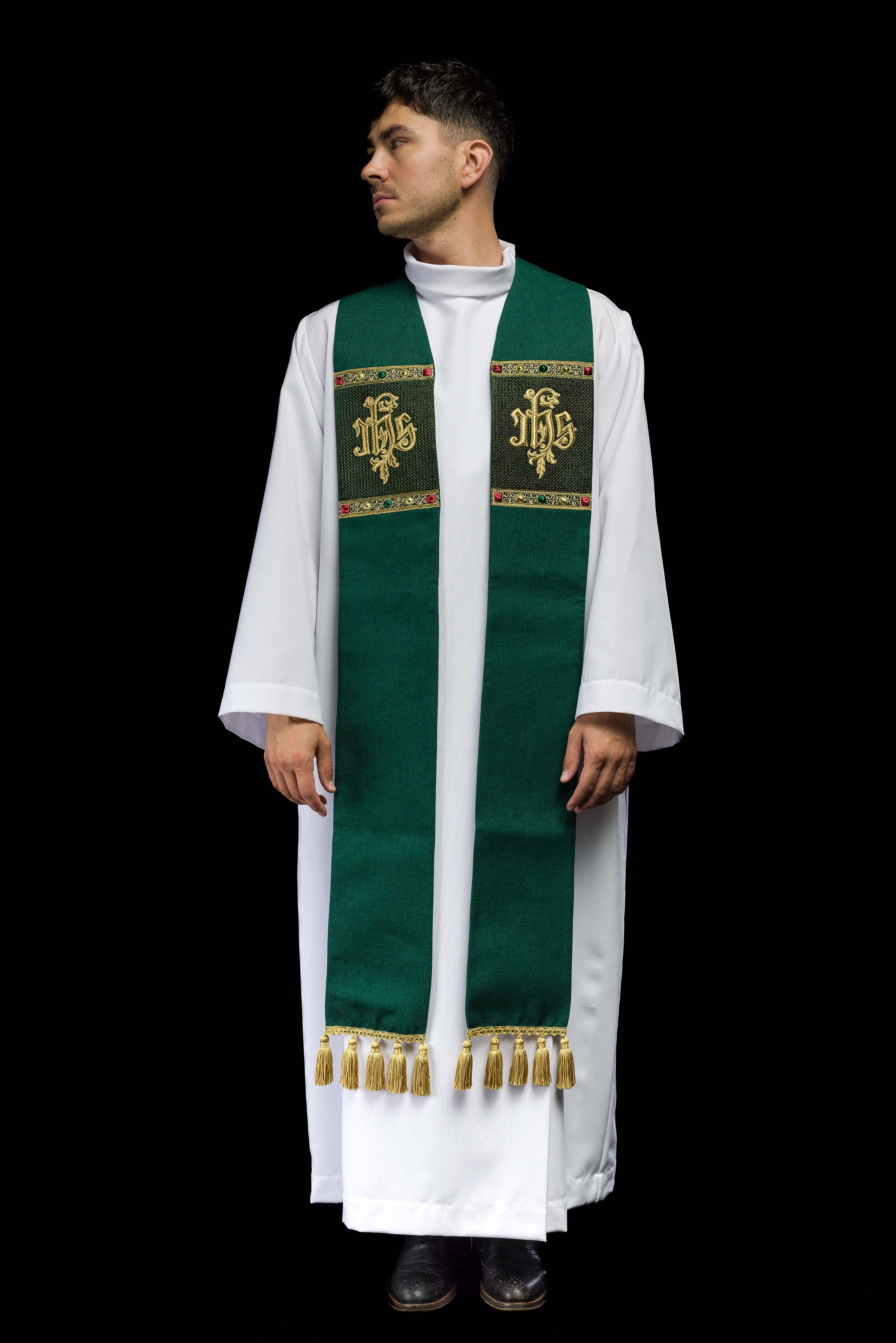 Green embroidered stole with IHS motif