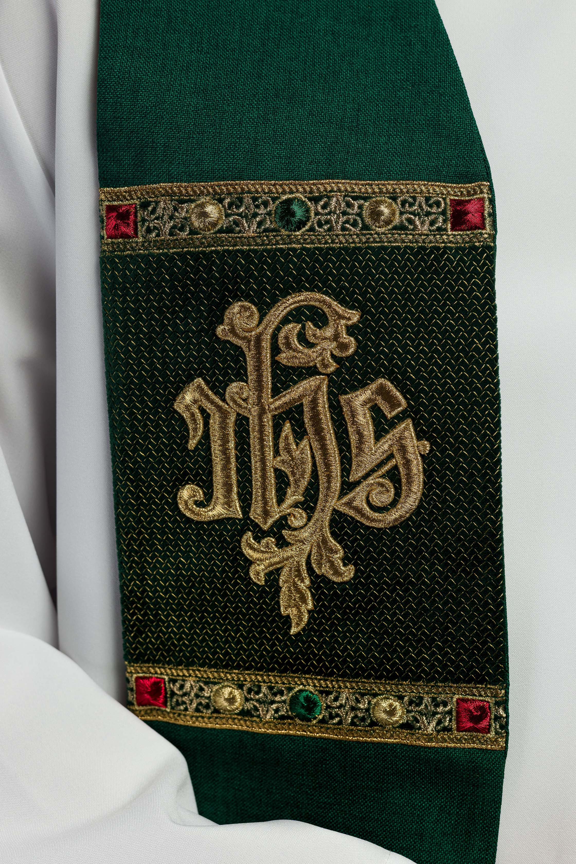 Green embroidered stole with IHS motif