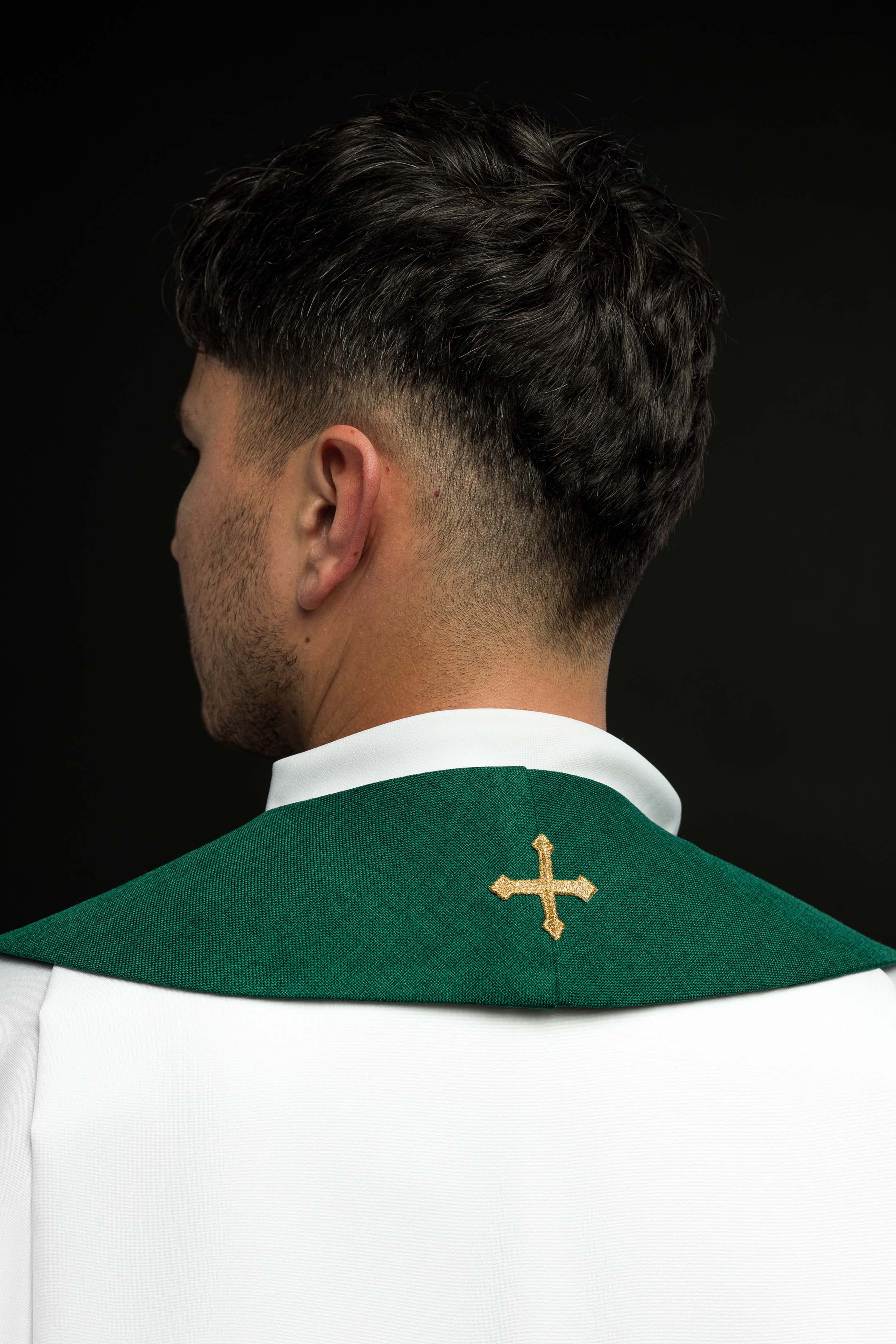 Green embroidered stole with IHS motif