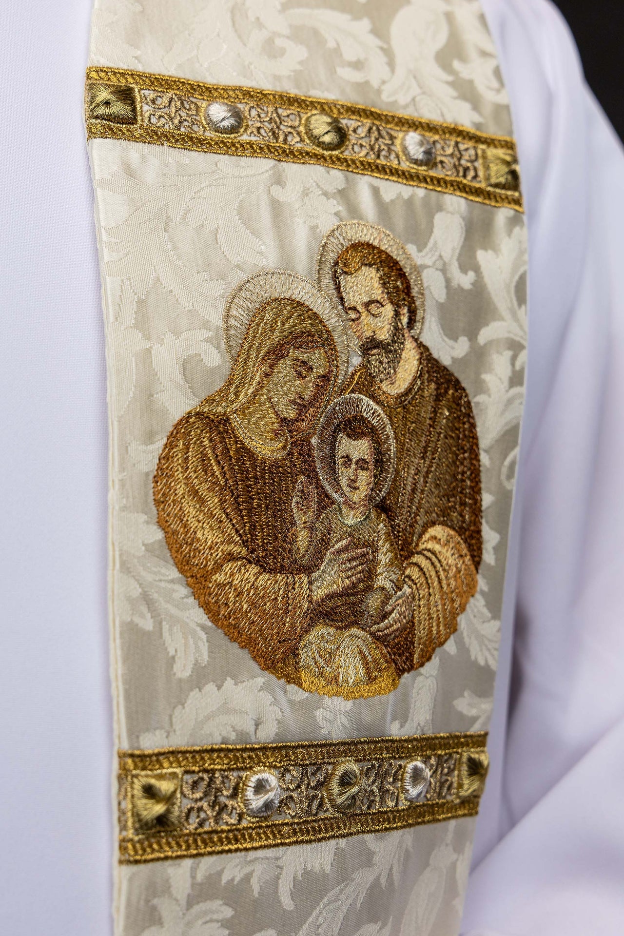 Stole with an image of the Holy Family sewn from decorative fabric