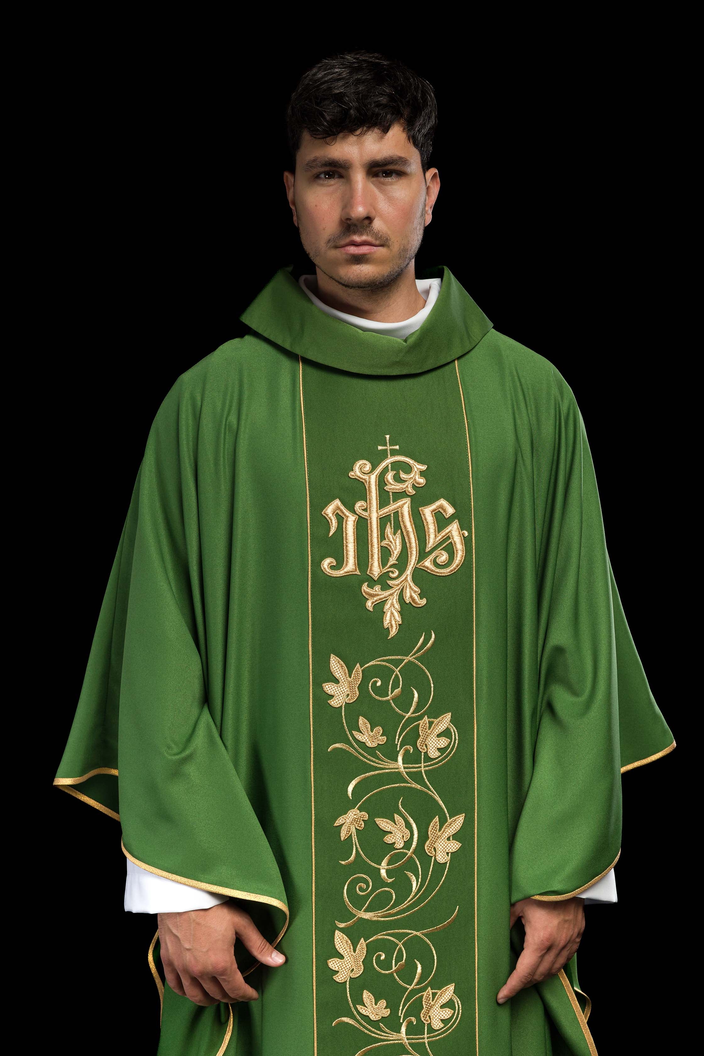 Green classic JHS embroidered chasuble - CHASUBLES.COM