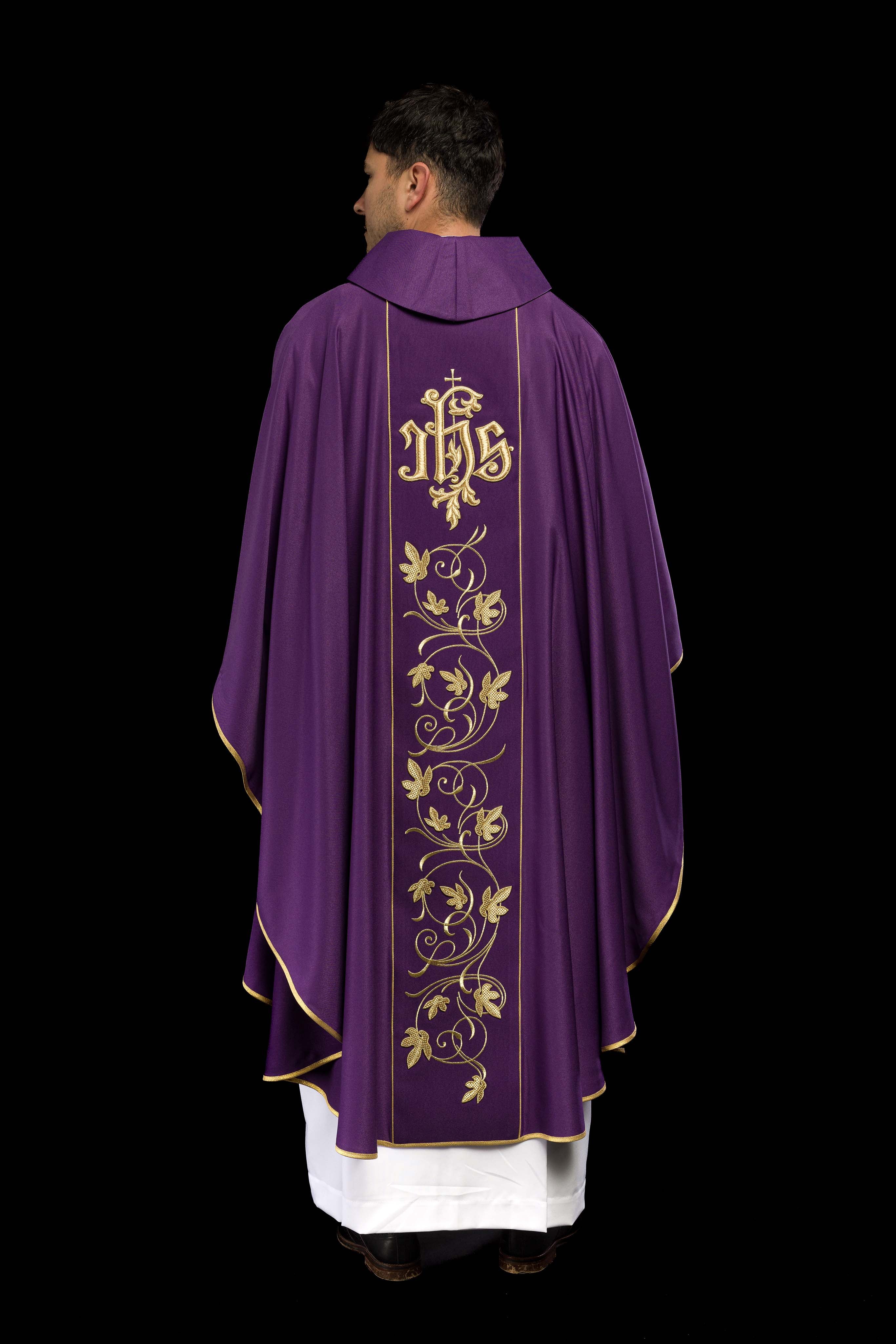 Purple liturgical chasuble with richly decorated belt with floral motif and IHS - CHASUBLES.COM