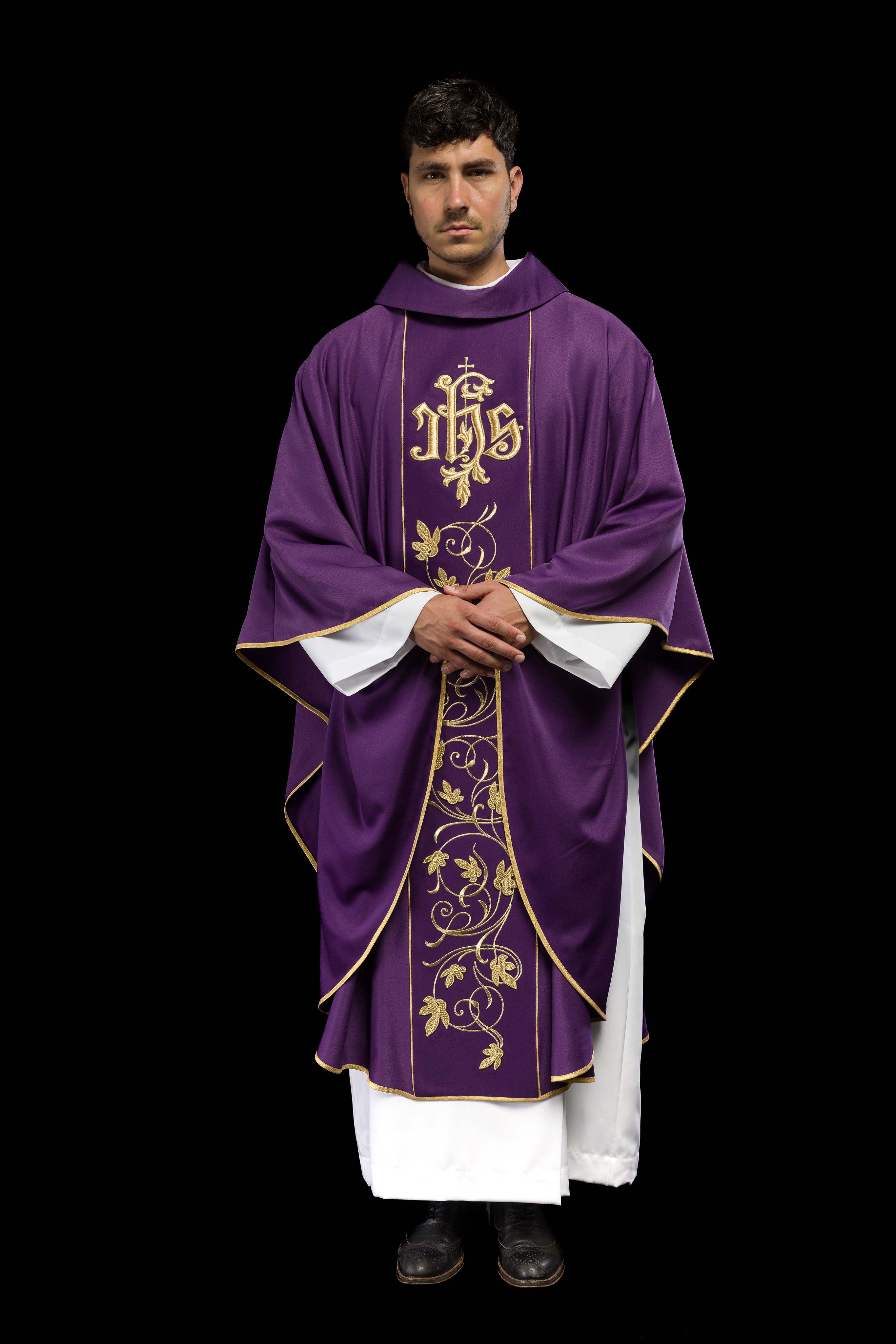 Purple liturgical chasuble with richly decorated belt with floral motif and IHS - CHASUBLES.COM