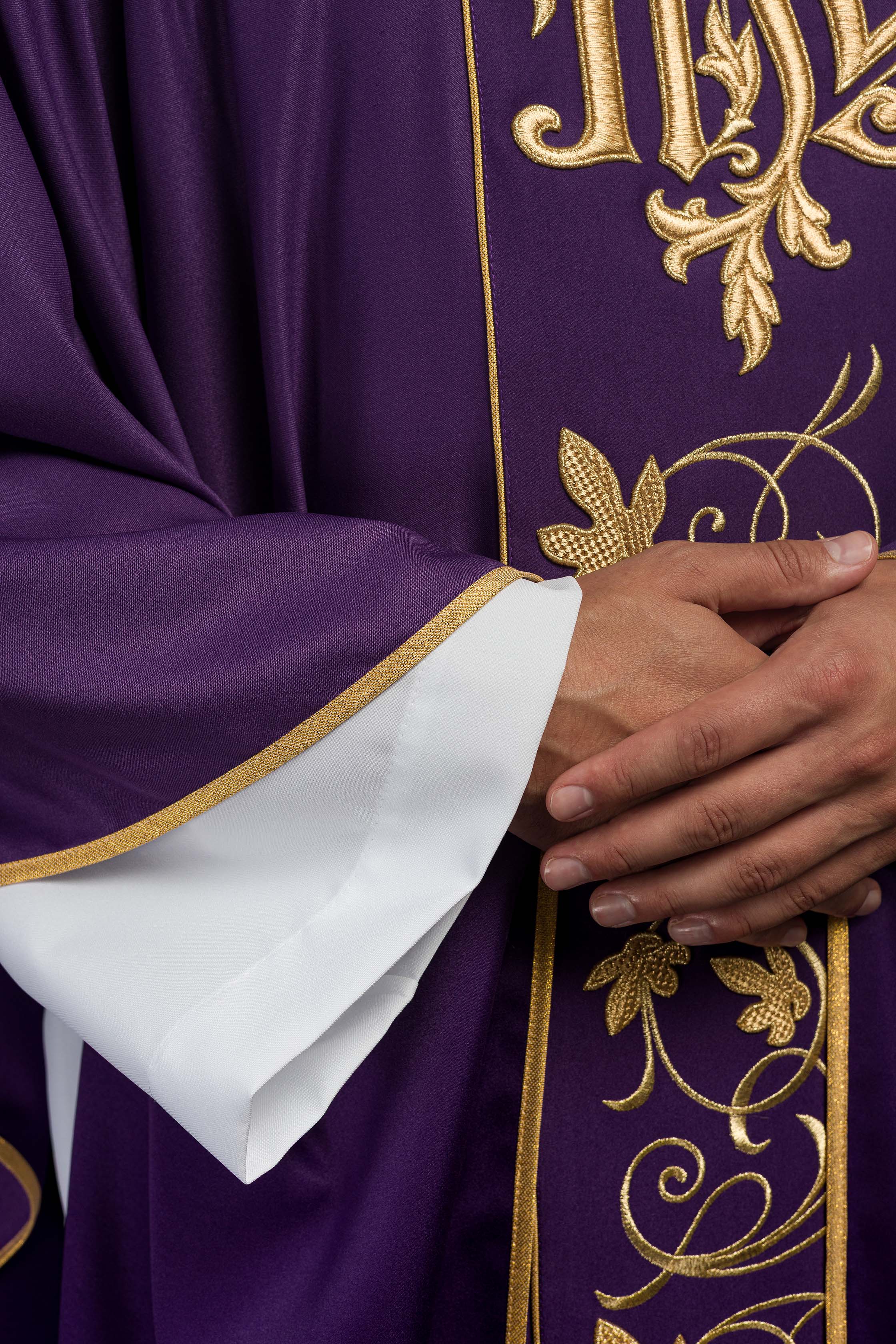 Purple liturgical chasuble with richly decorated belt with floral motif and IHS - CHASUBLES.COM