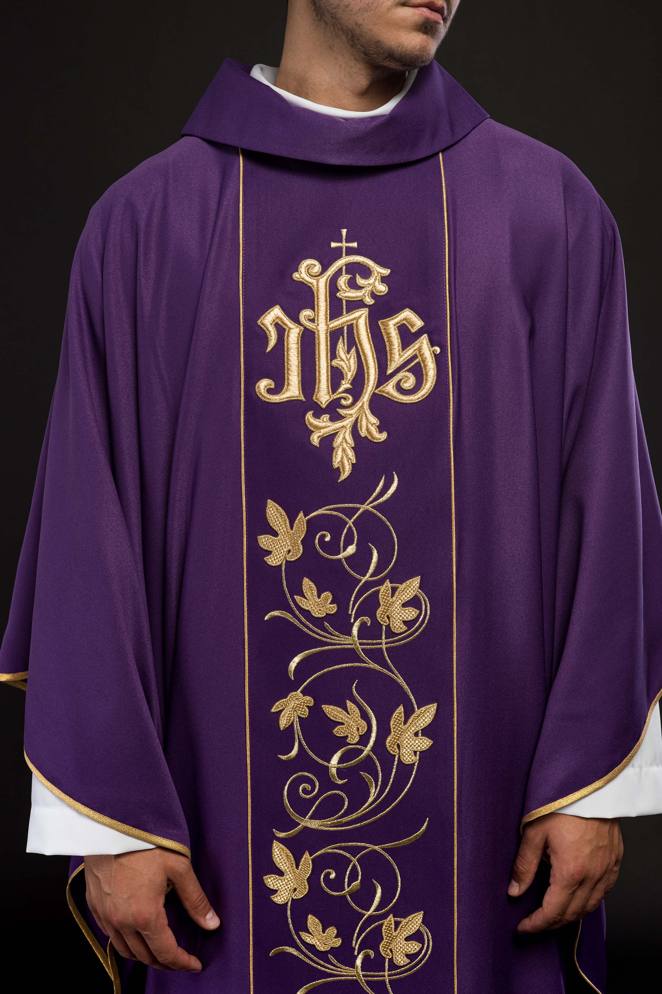 Purple liturgical chasuble with richly decorated belt with floral motif and IHS - CHASUBLES.COM