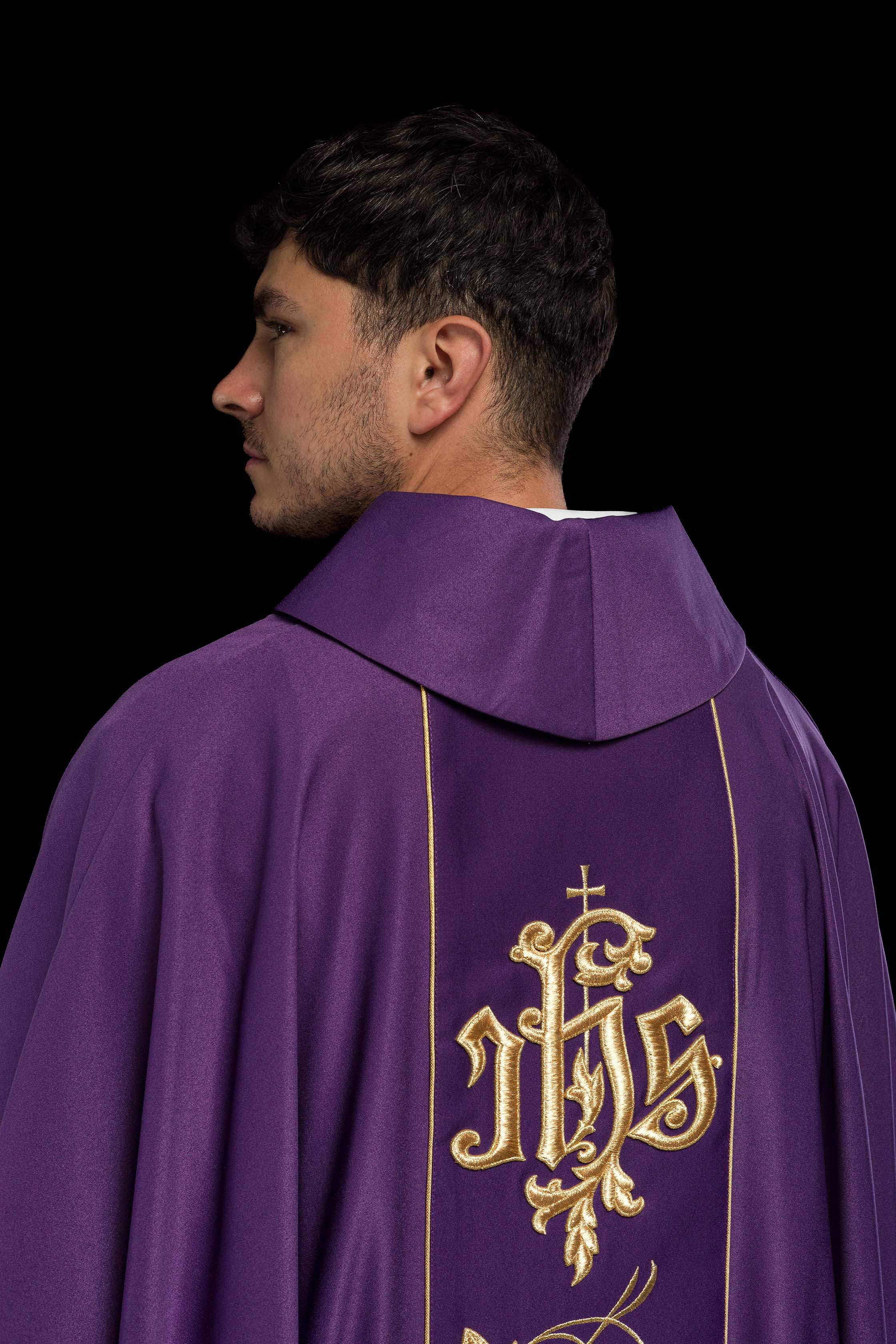 Purple liturgical chasuble with richly decorated belt with floral motif and IHS - CHASUBLES.COM