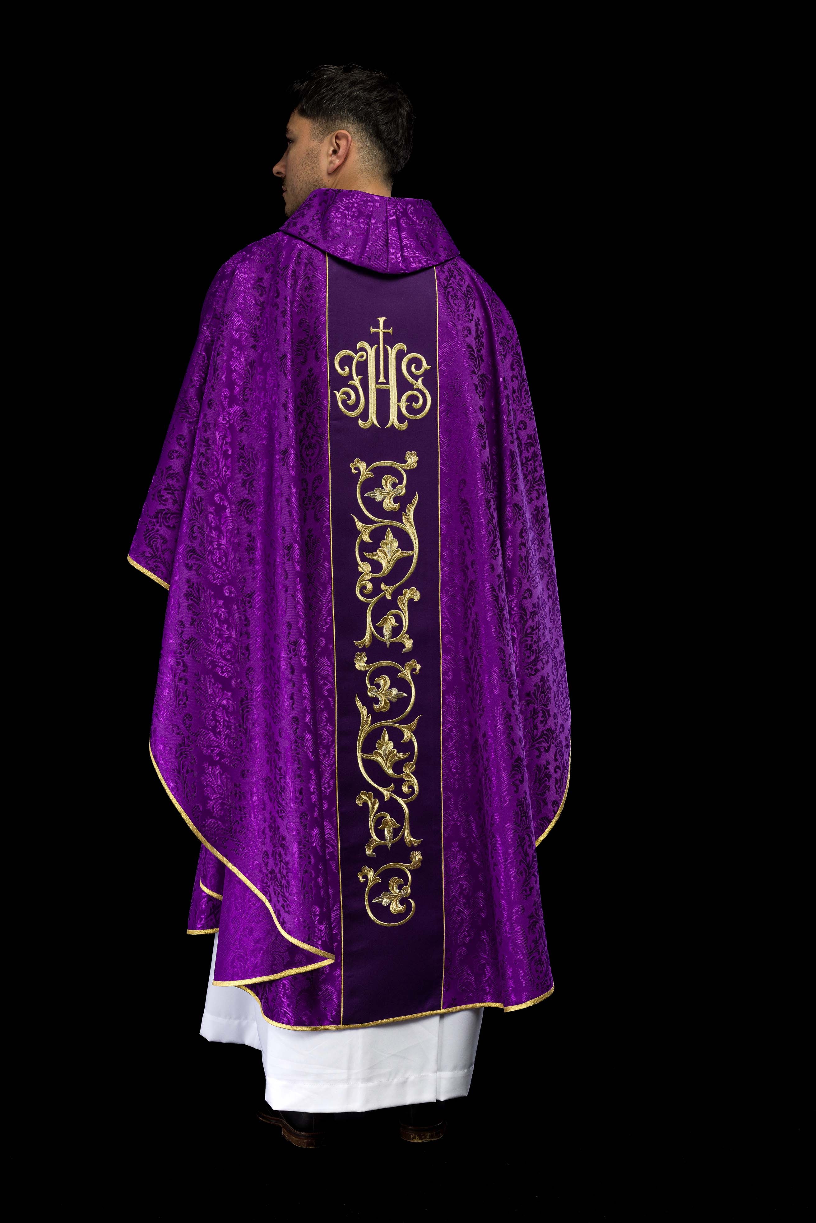 Purple chasuble made of jacquard texture with classic JHS motif - CHASUBLES.COM