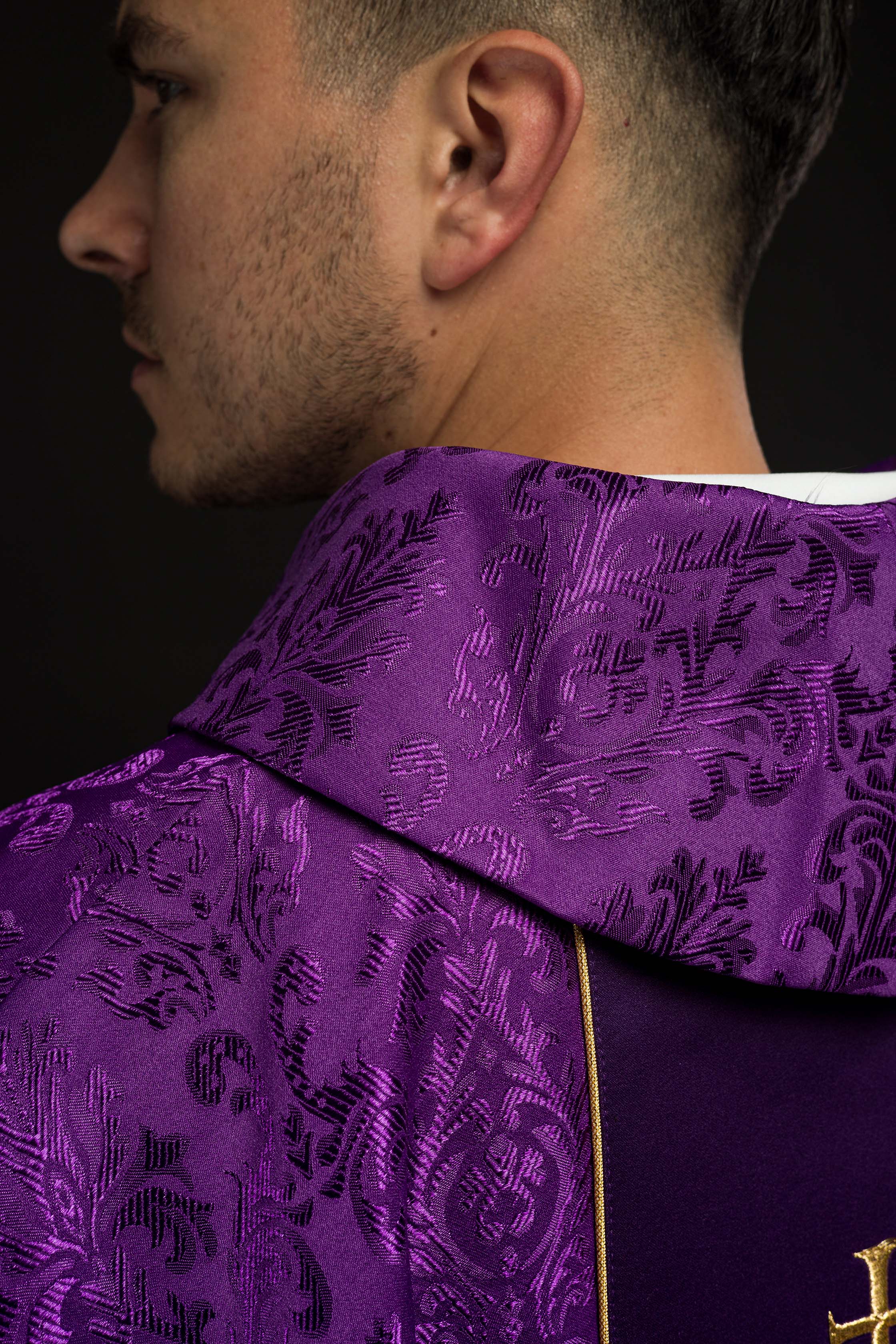 Purple chasuble made of jacquard texture with classic JHS motif - CHASUBLES.COM