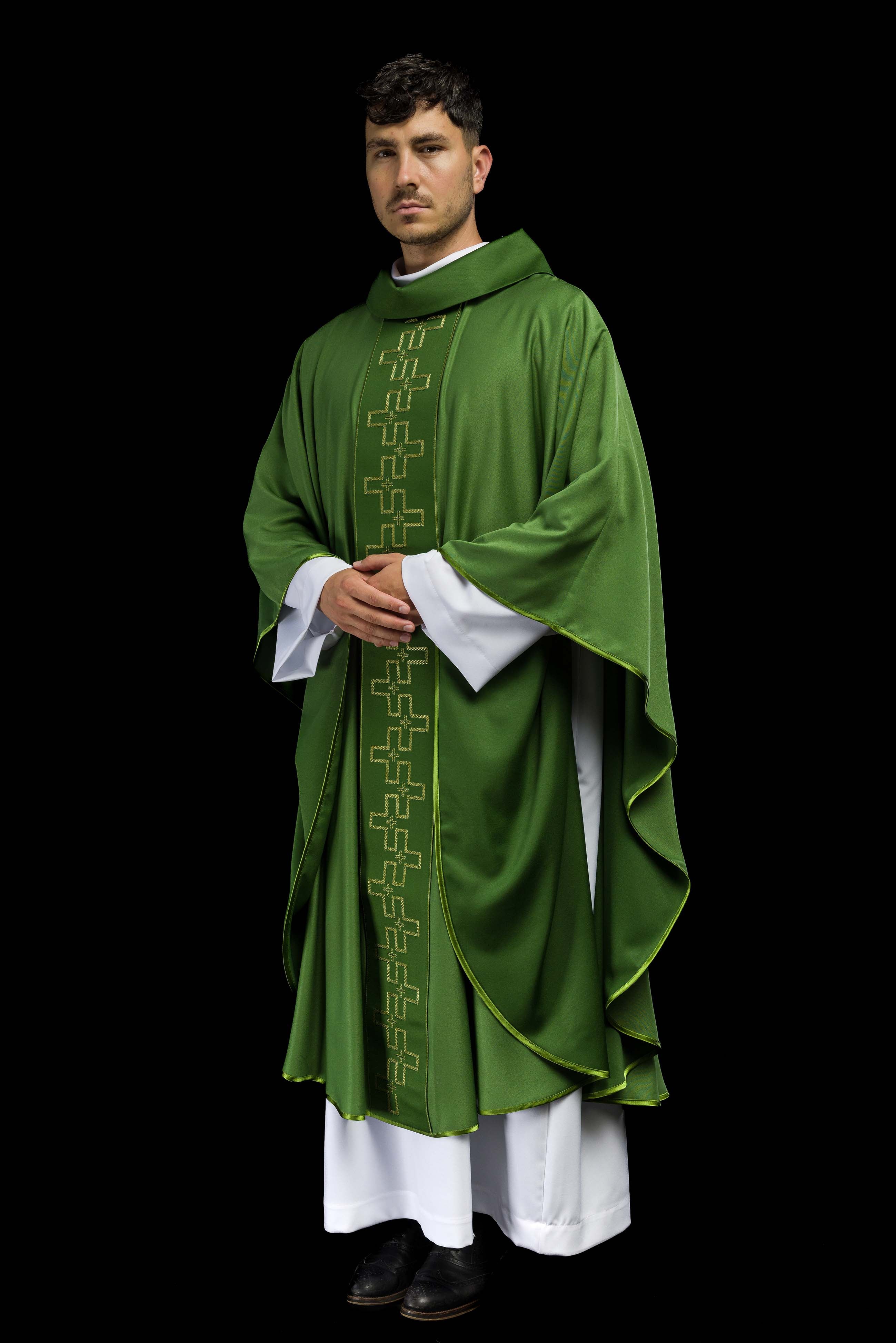 Chasuble with richly embroidered belt in embroidery of crosses in green color - CHASUBLES.COM