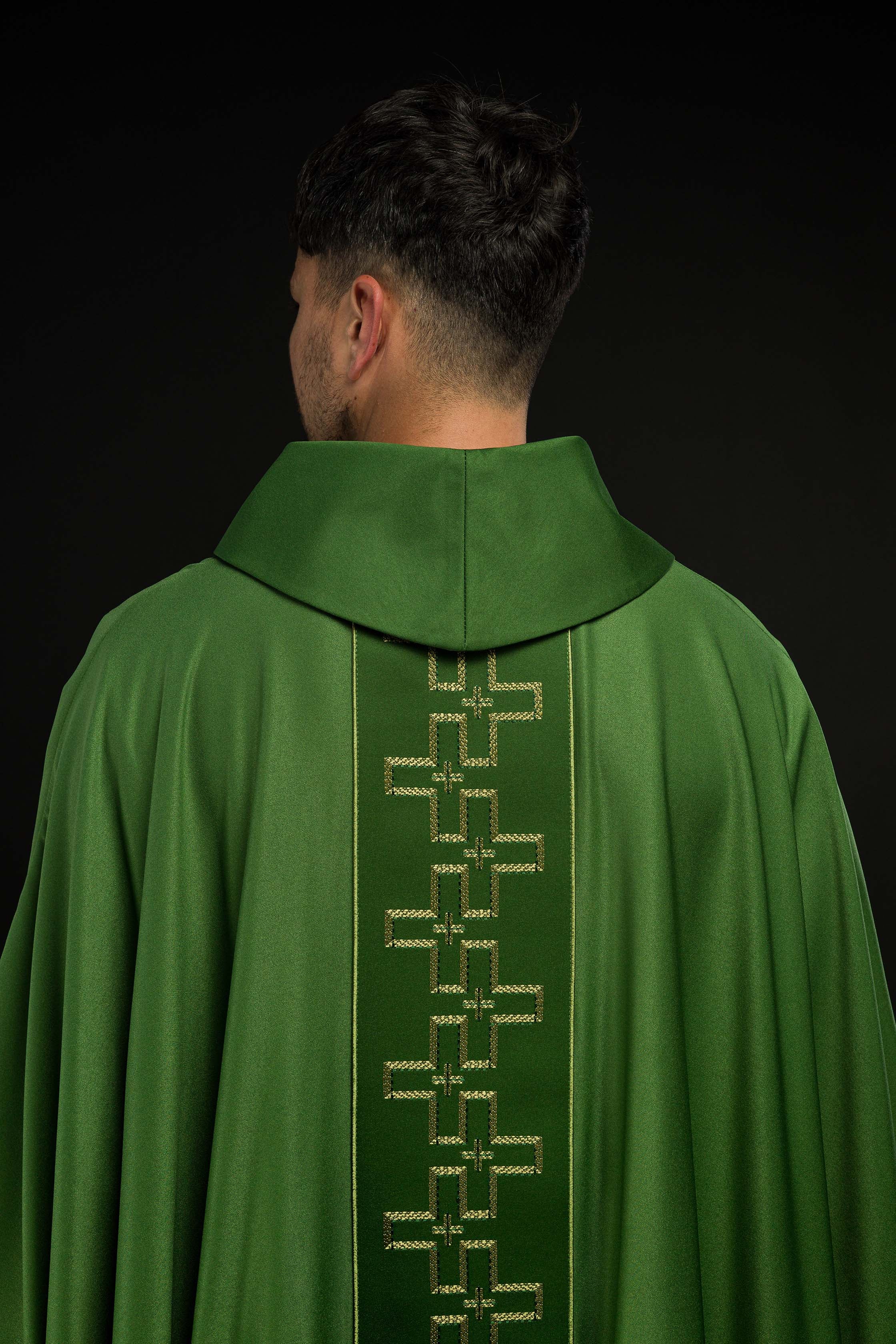 Chasuble with richly embroidered belt in embroidery of crosses in green color - CHASUBLES.COM