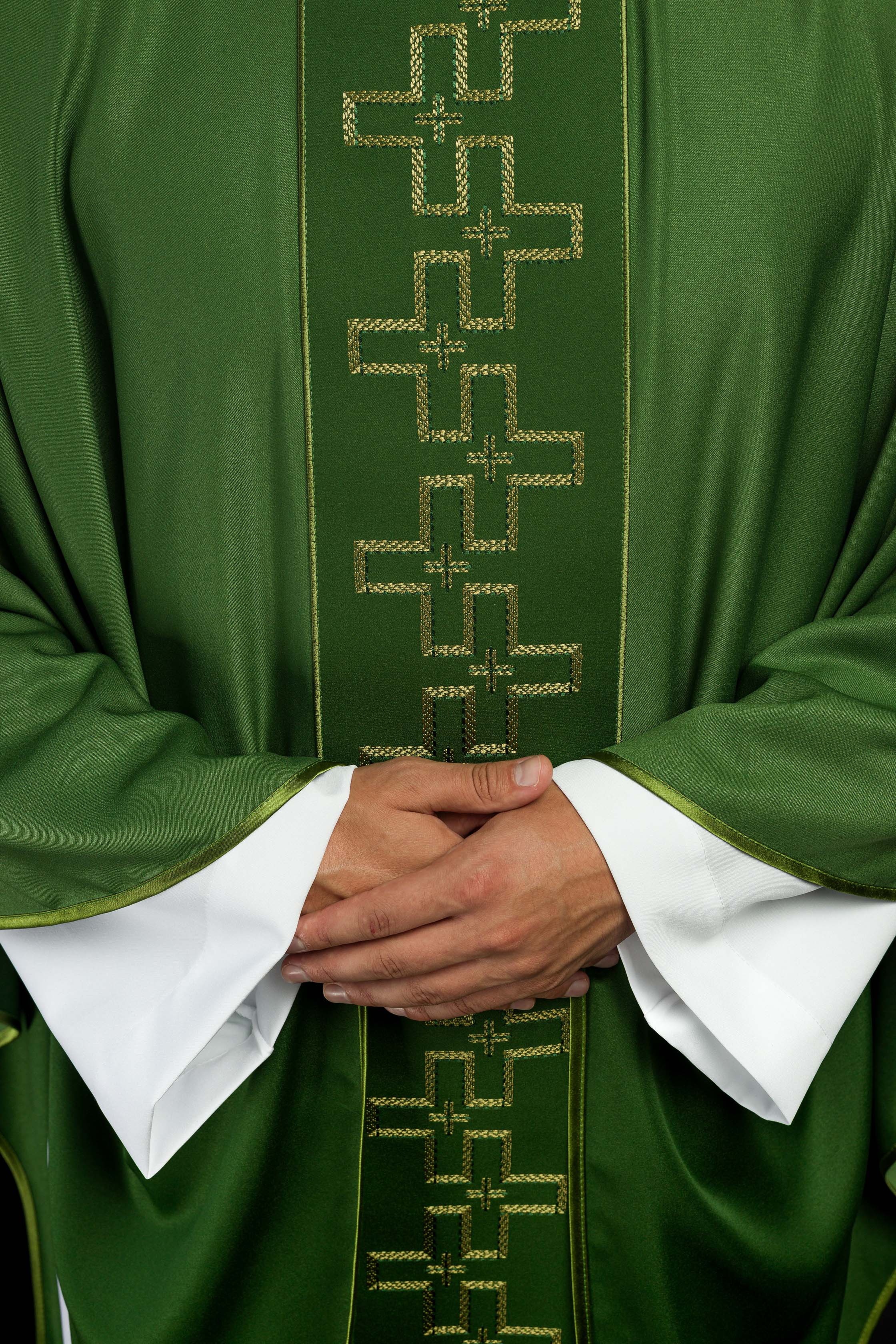 Chasuble with richly embroidered belt in embroidery of crosses in green color - CHASUBLES.COM