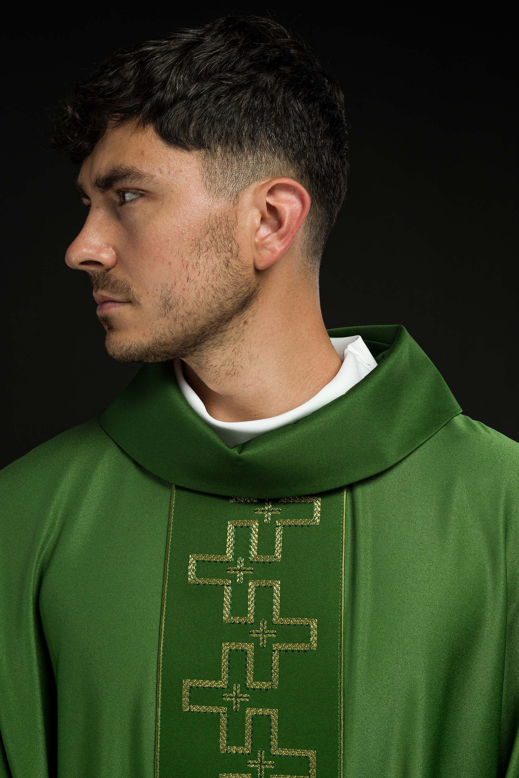 Chasuble with richly embroidered belt in embroidery of crosses in green color - CHASUBLES.COM