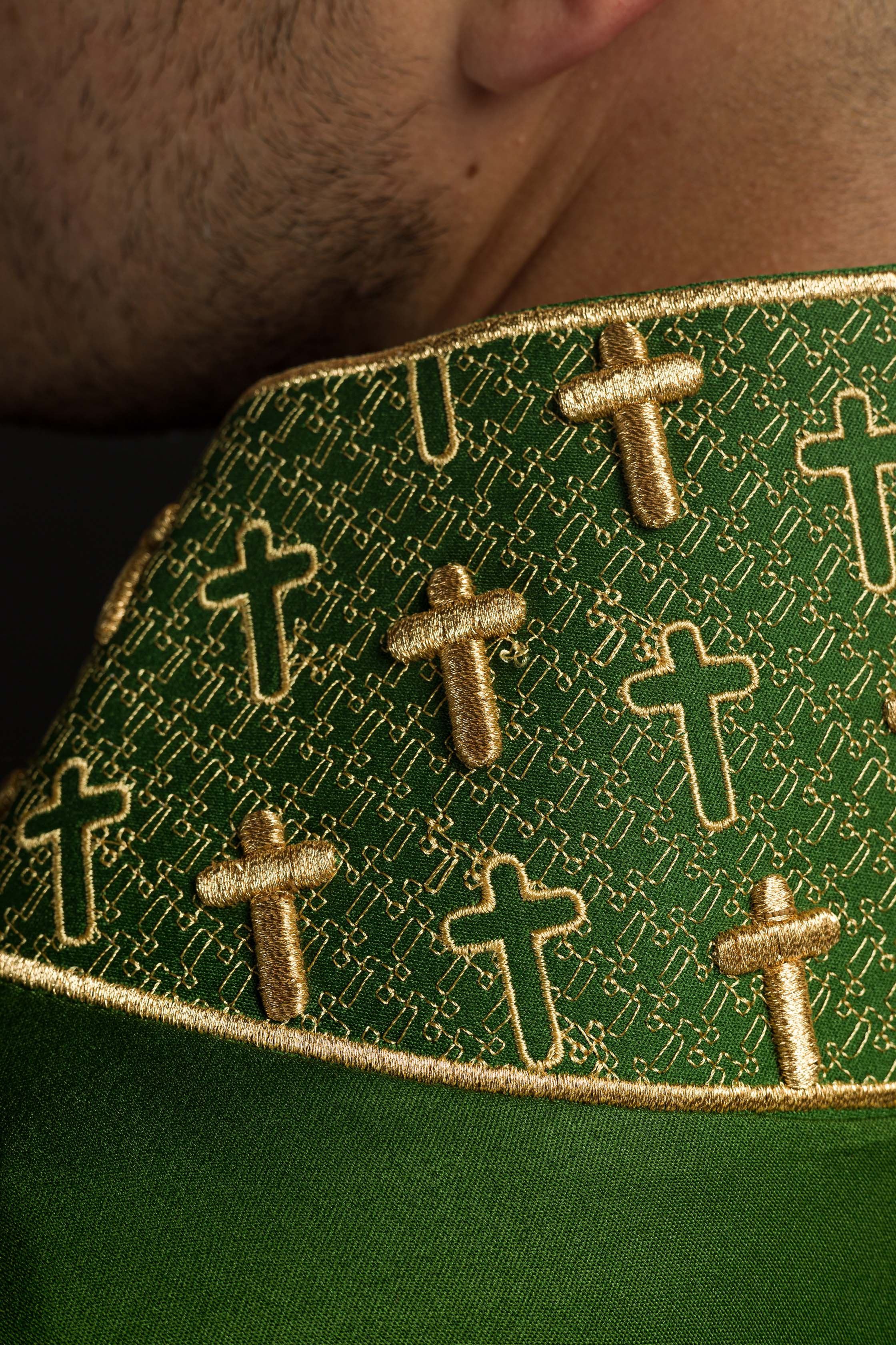 Chasuble with richly embroidered cross and collar in green