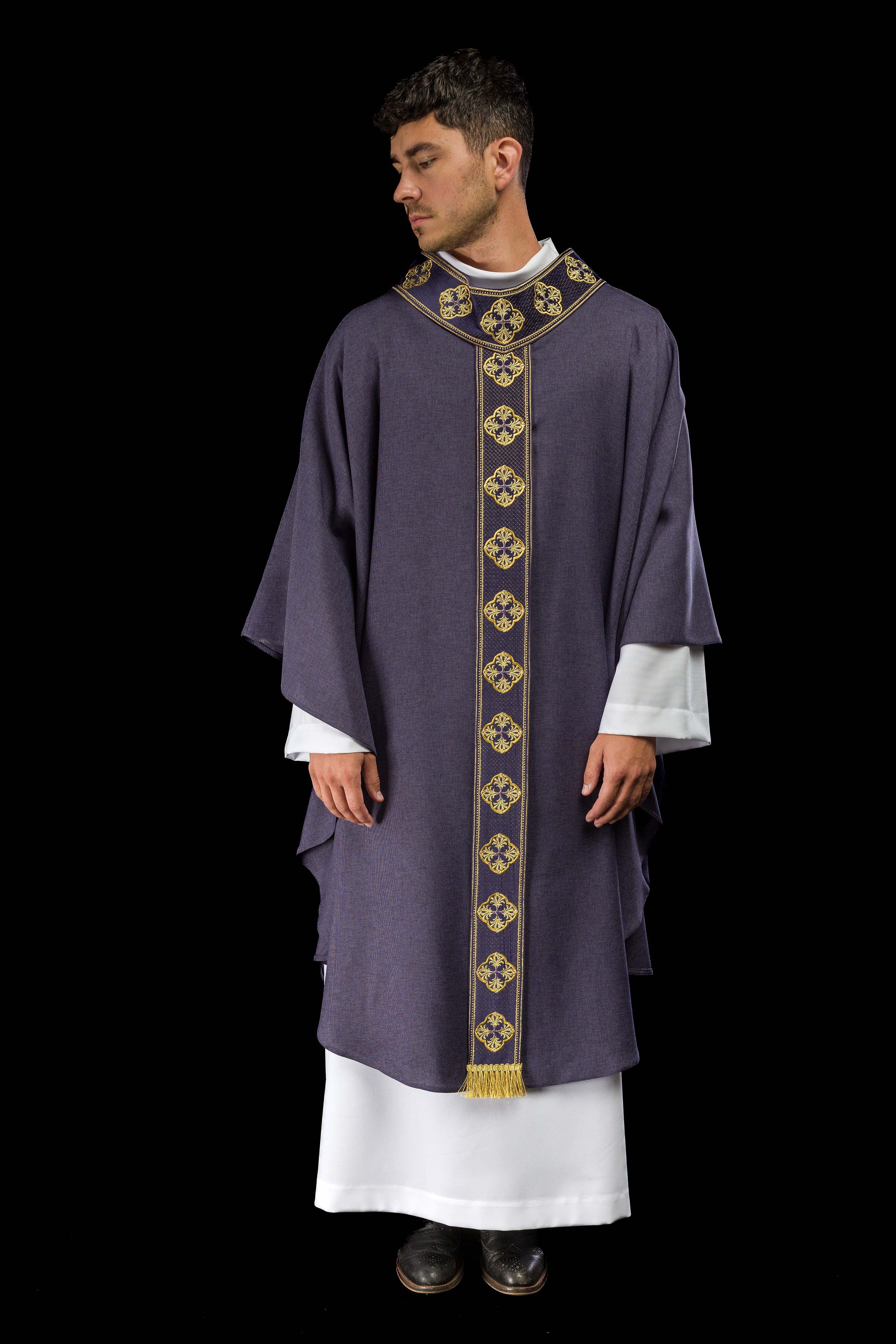 Purple priest chasuble with slim orphrey