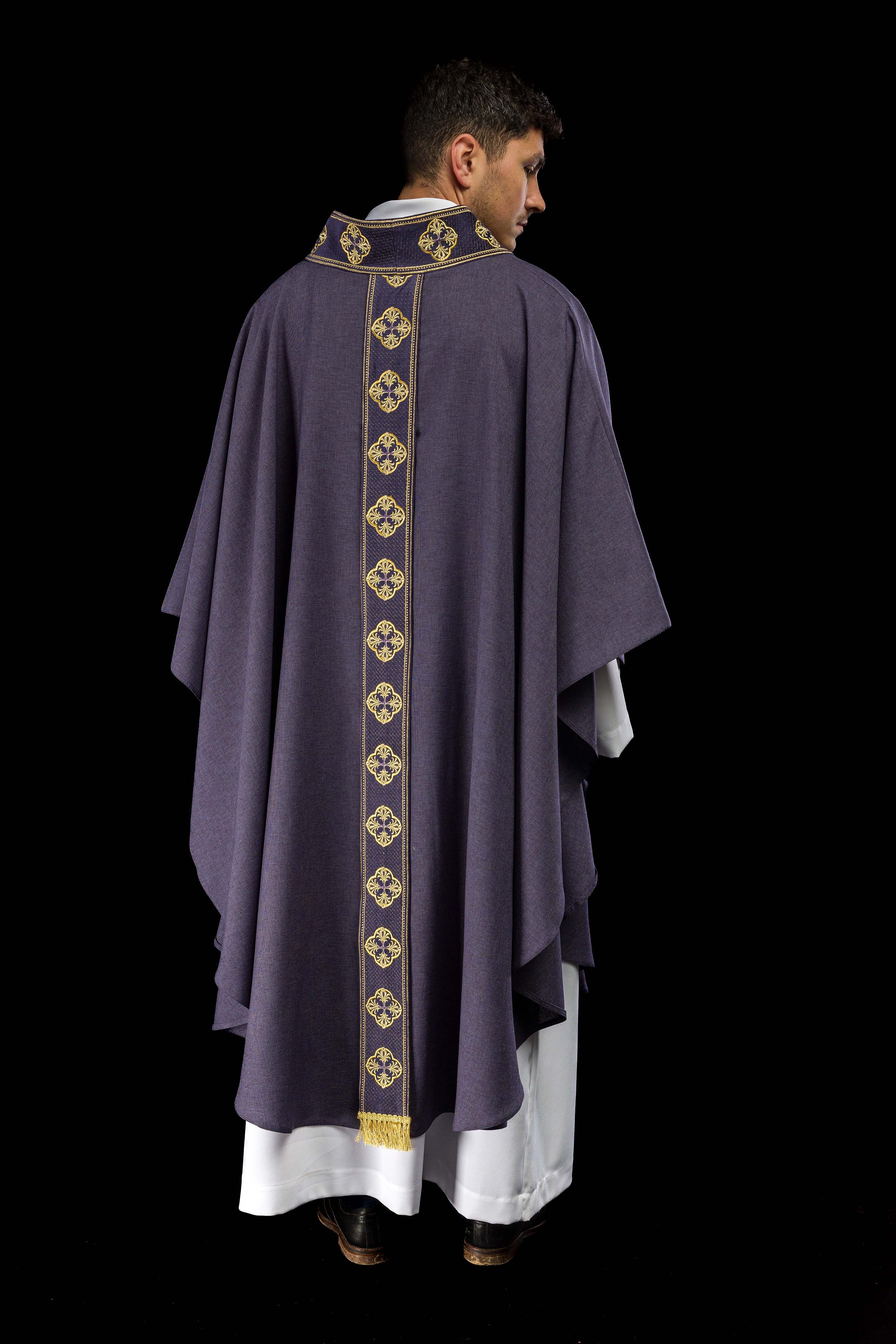 Purple priest chasuble with slim orphrey
