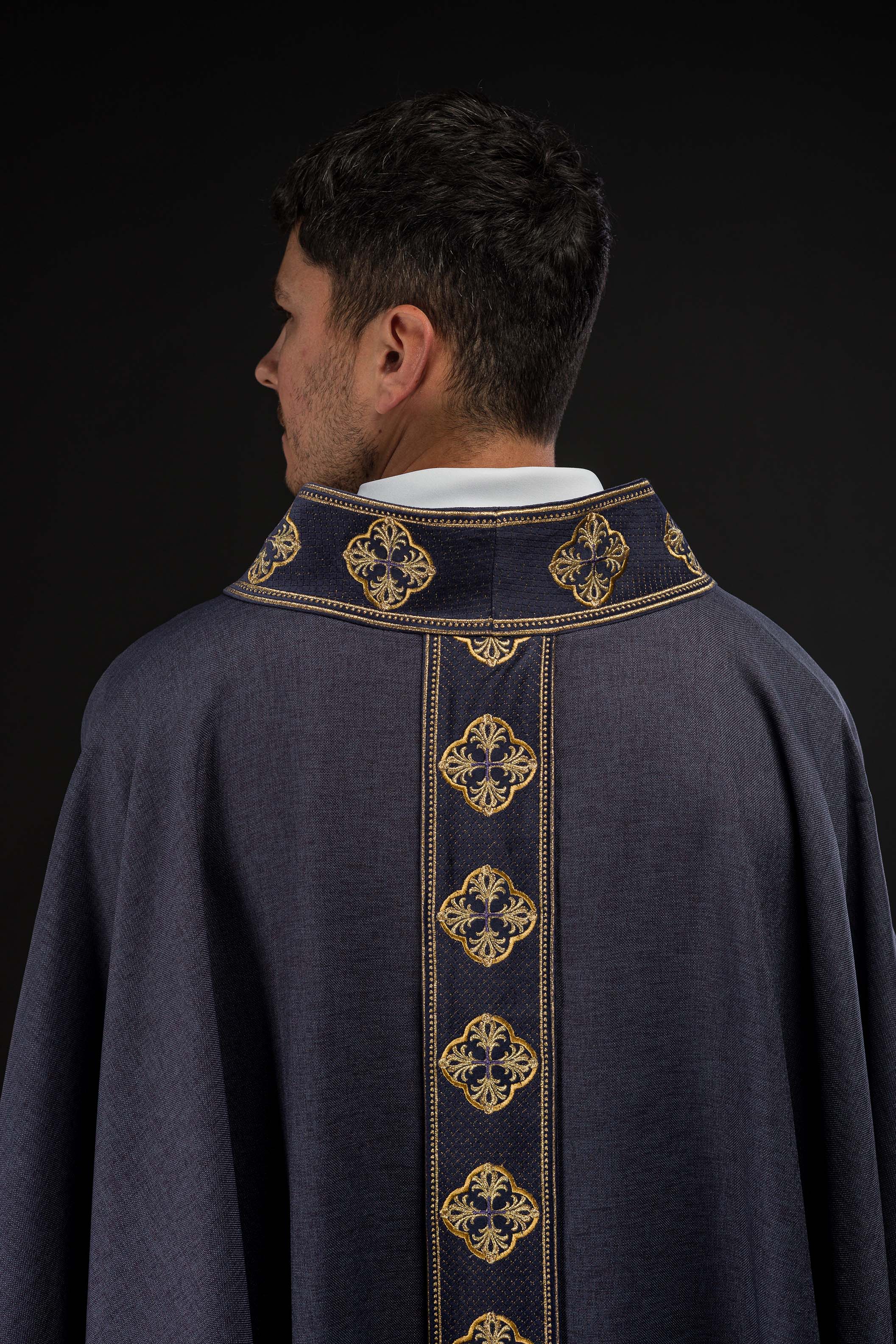 Purple priest chasuble with slim orphrey