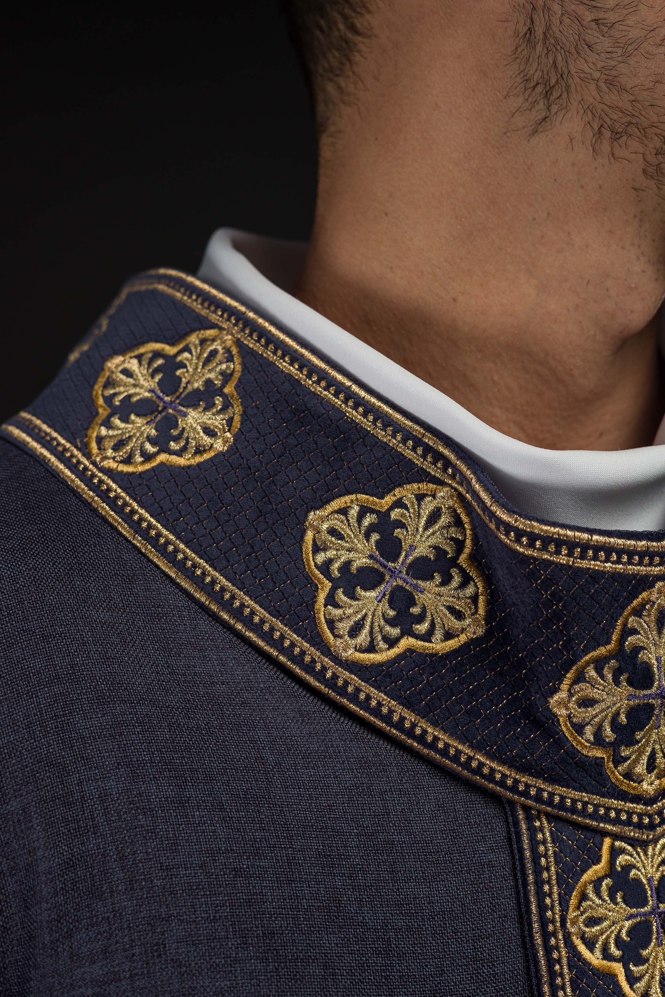 Purple priest chasuble with slim orphrey