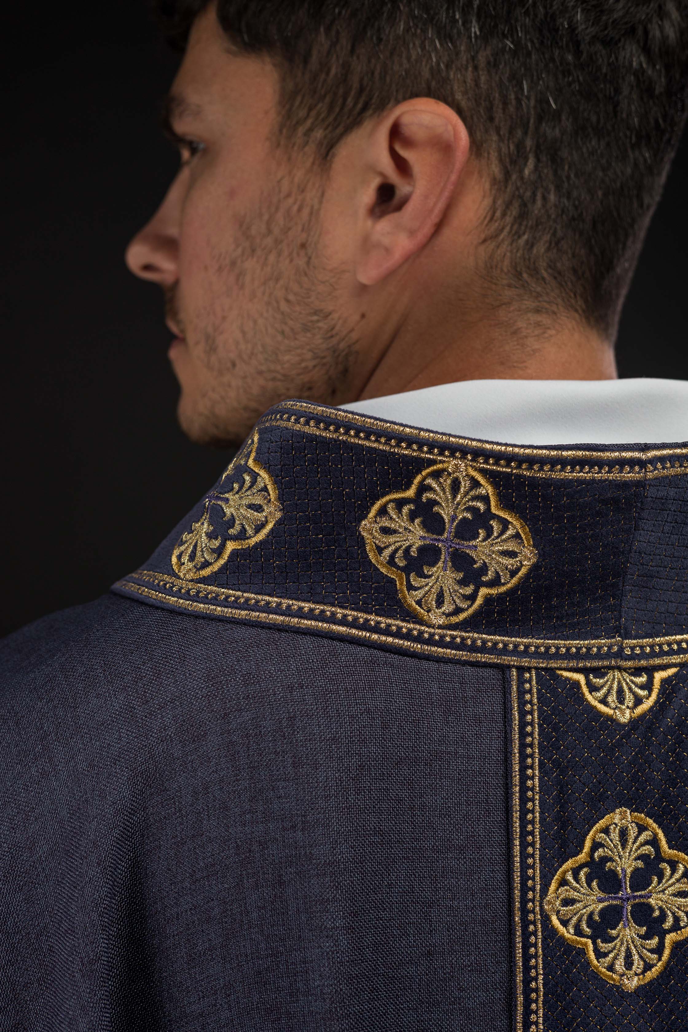Purple priest chasuble with slim orphrey