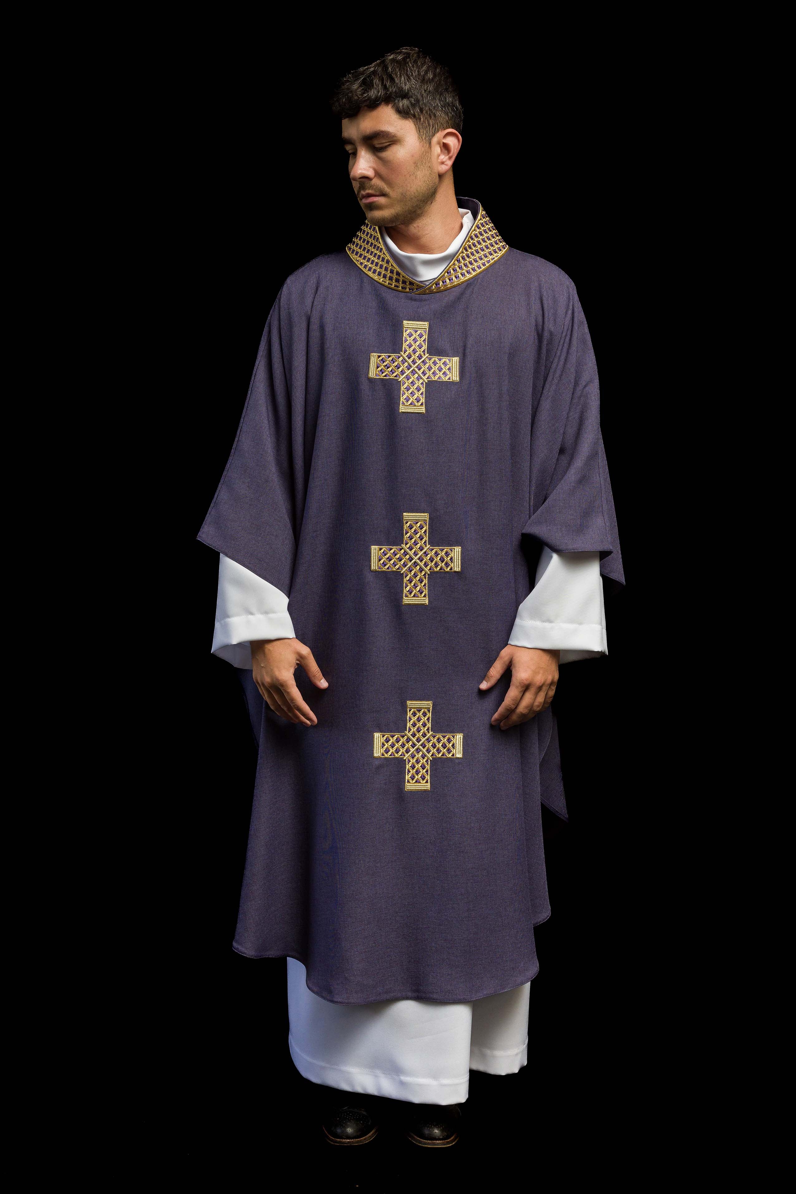 Dark purple chasuble with embroidered crosses
