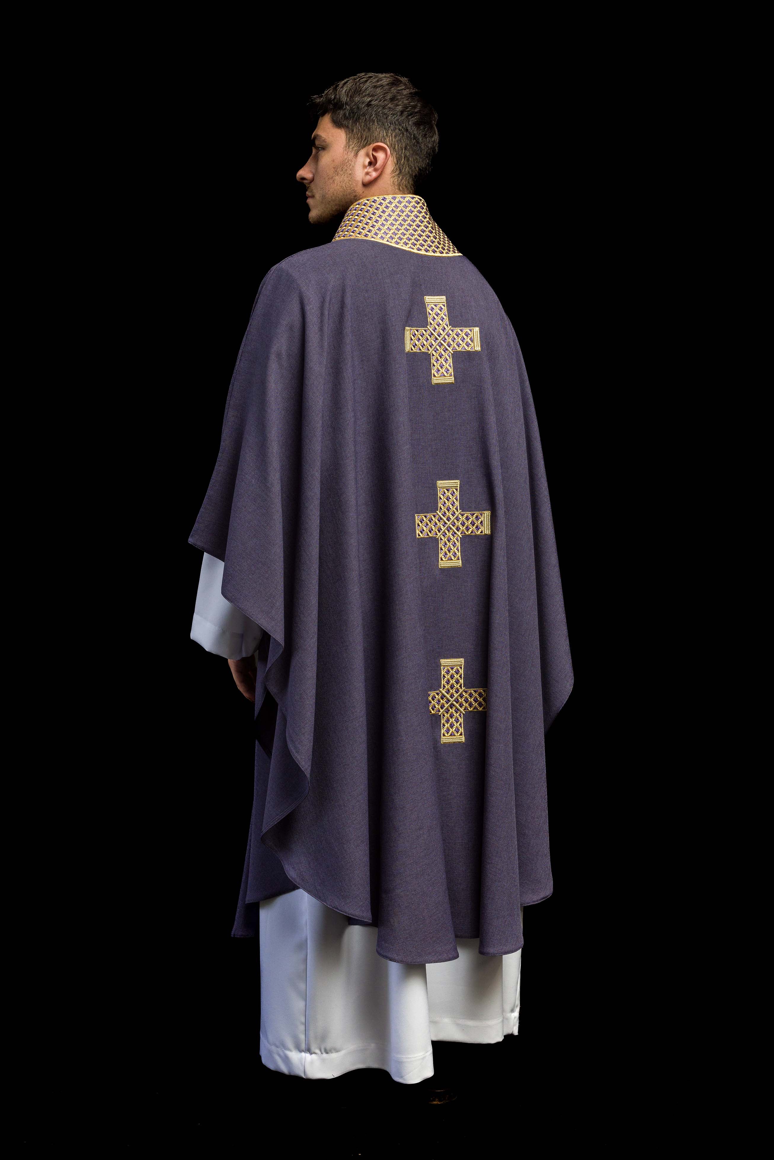 Dark purple chasuble with embroidered crosses