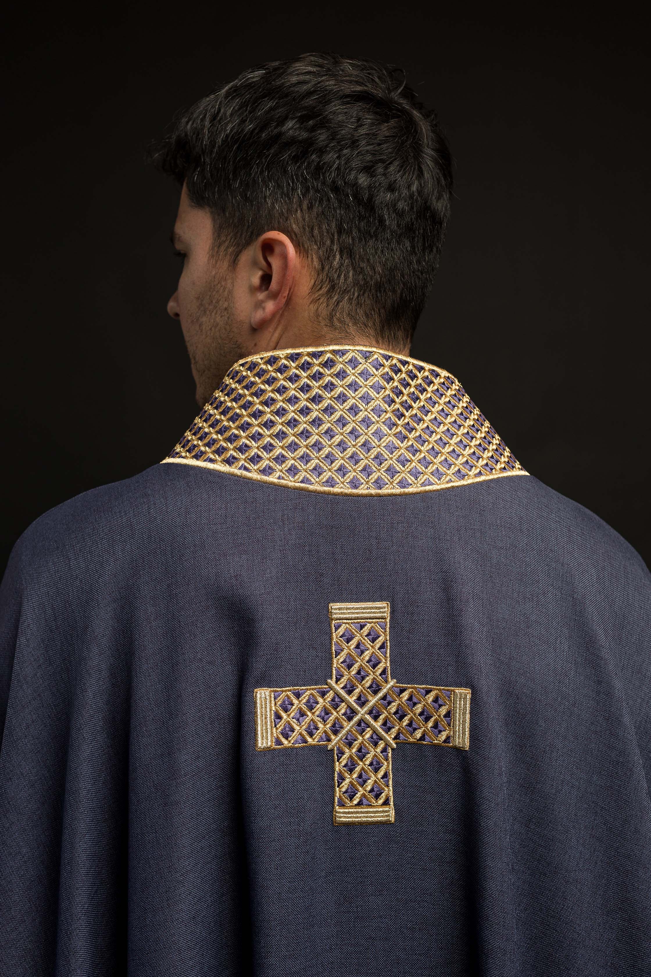 Dark purple chasuble with embroidered crosses